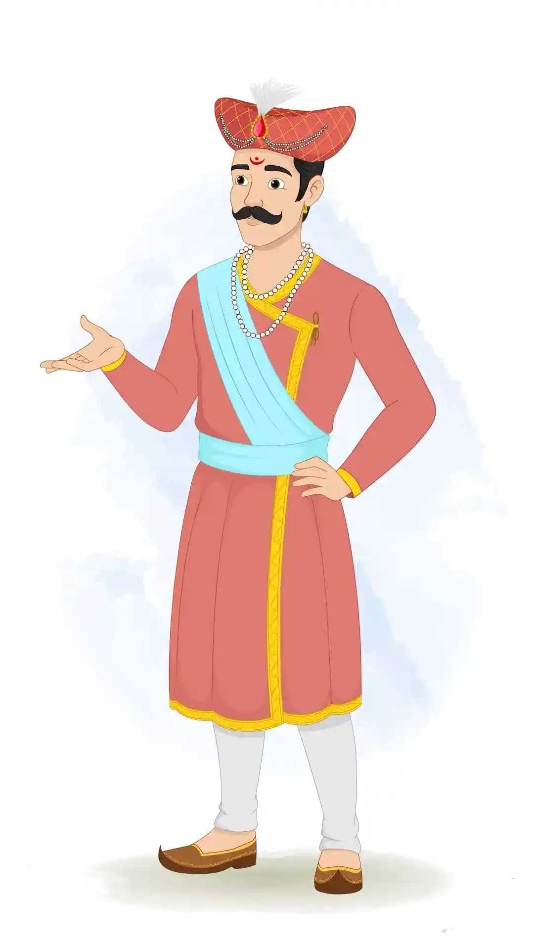 This animated cartoon character of a Hindu Marathi man is shown in a one third talking pose with one hand raised, wearing traditional attire, turban, and jewelry. Ideal for cultural storytelling, explainer videos, historical scenes, and animations AKA Rajdoot