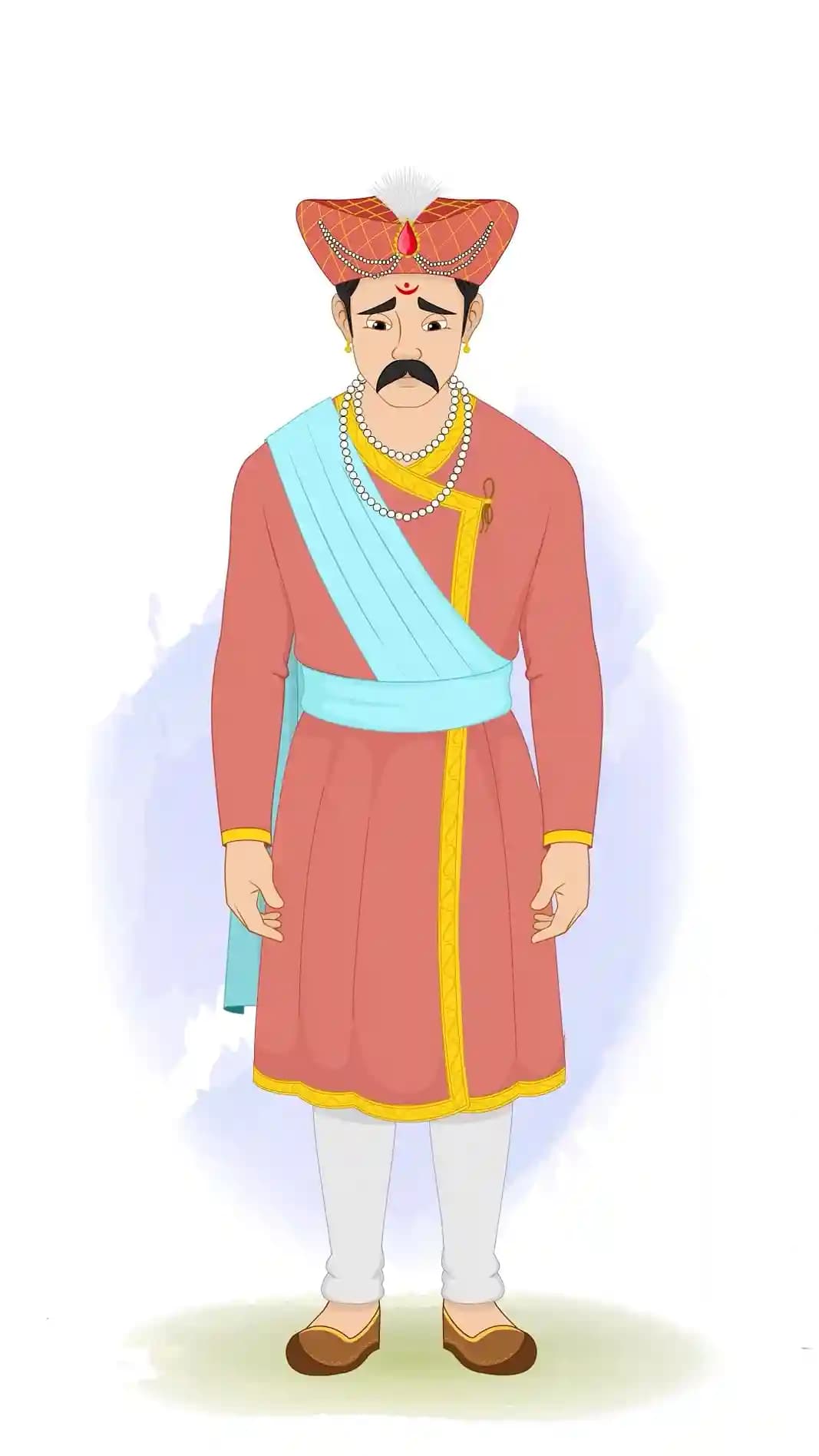 This animated cartoon character of a Hindu Marathi man is shown in a sad front pose wearing traditional attire, turban, and jewelry. Perfect for cultural storytelling, animations, explainer videos, and emotional scenes AKA Rajdoot