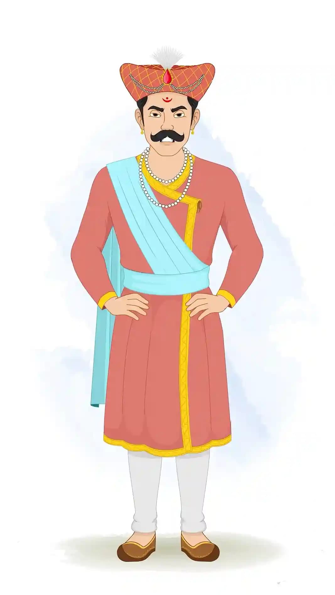 This animated cartoon character of a Hindu Marathi man is shown in an angry front pose with hands on waist, wearing traditional attire, turban, and jewelry. Perfect for cultural storytelling, animations, explainer videos, and dramatic scenes AKA Rajdoot