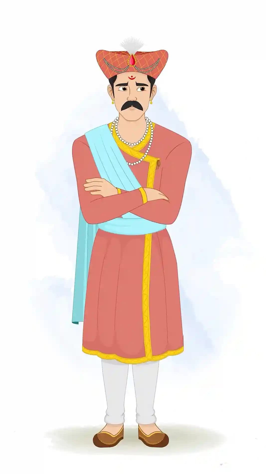 This animated cartoon character of a Hindu Marathi man is shown in an angry front pose with hands on waist, wearing traditional attire, turban, and jewelry. Perfect for cultural storytelling, animations, explainer videos, and dramatic scenes AKA Rajdoot