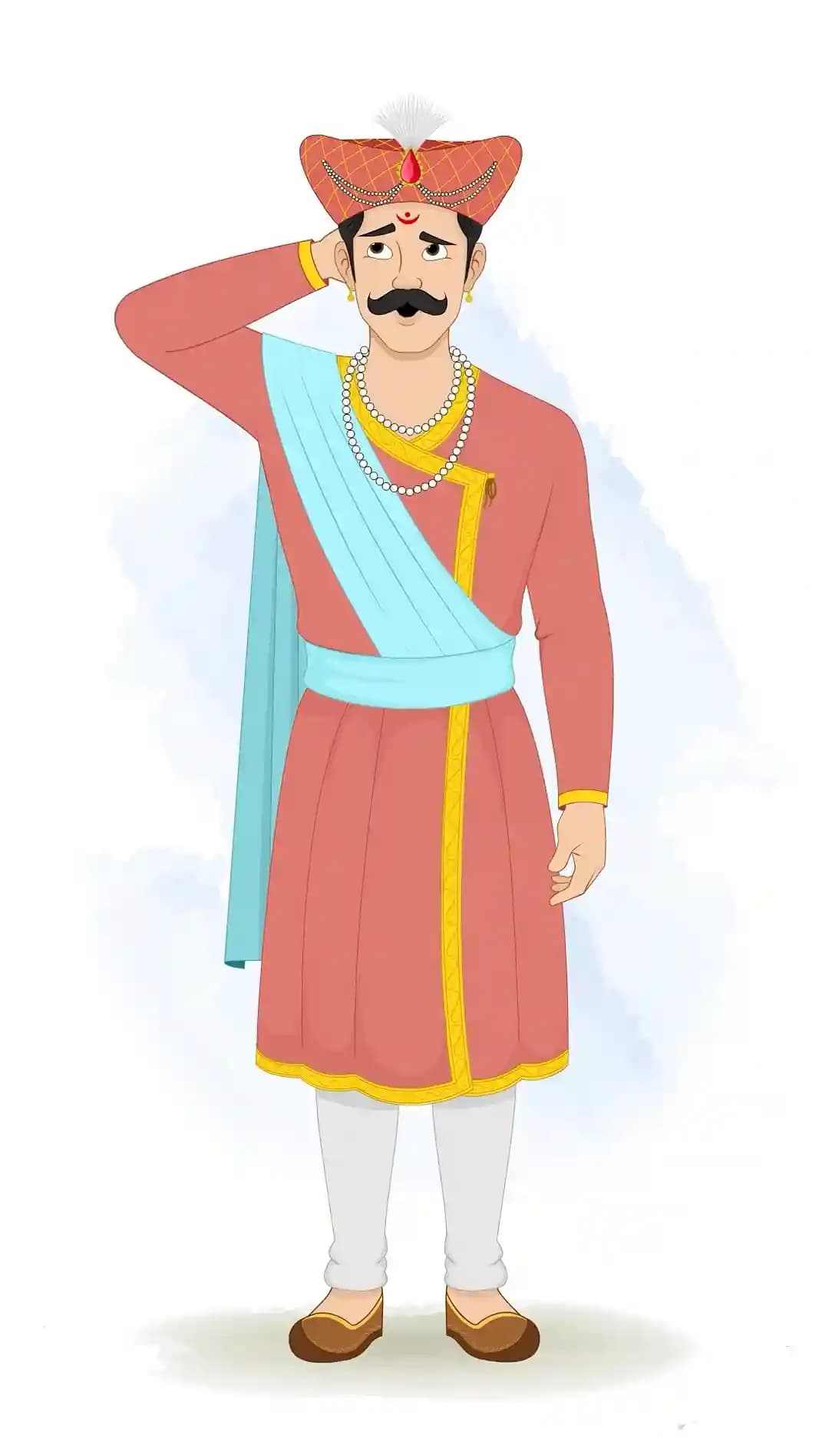 This animated cartoon character of a Hindu Marathi man is shown in a confused front pose with a hand on his head, wearing traditional attire, turban, and jewelry. Perfect for cultural storytelling, animations, explainer videos, and emotional scenes AKA Rajdoot