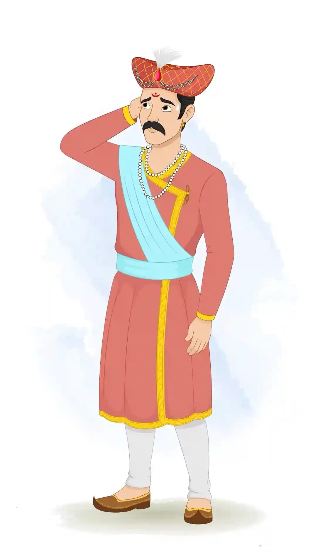 This animated cartoon character of a Hindu Marathi man is shown in a nervous side pose with a hand on his head, wearing traditional attire, turban, and jewelry. Perfect for cultural storytelling, animations, explainer videos, and dramatic projects AKA Rajdoot