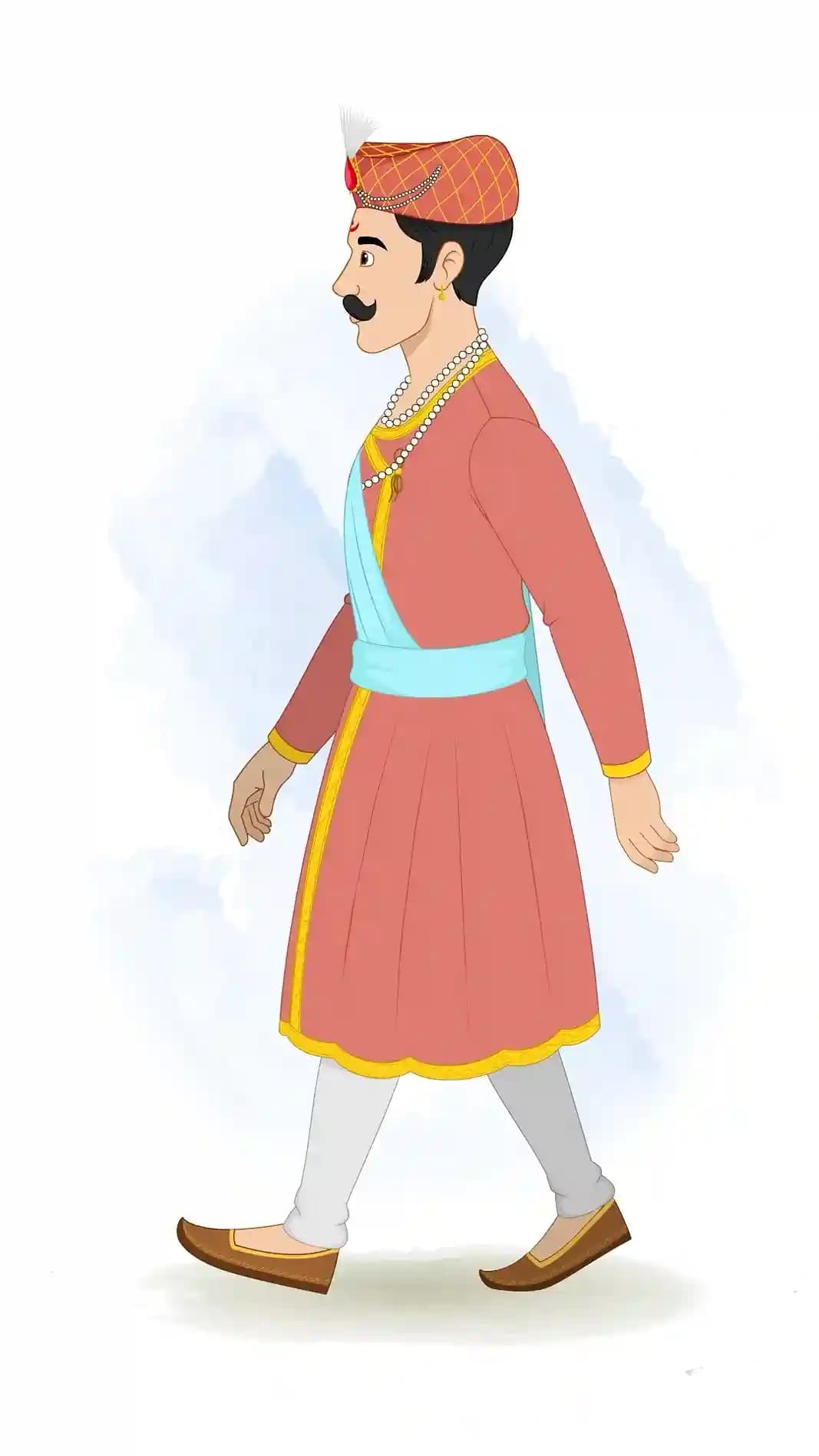 This animated cartoon character of a Hindu Marathi man is shown in a side walking pose wearing traditional attire, turban, and jewelry. Perfect for cultural storytelling, animations, explainer videos, historical projects, and games AKA Rajdoot