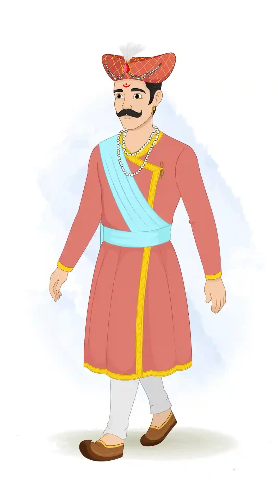 This animated cartoon character of a Hindu Marathi man is shown in a one third walking pose wearing traditional attire, turban, and jewelry. Perfect for cultural storytelling, historical animations, explainer videos, and games AKA Rajdoot