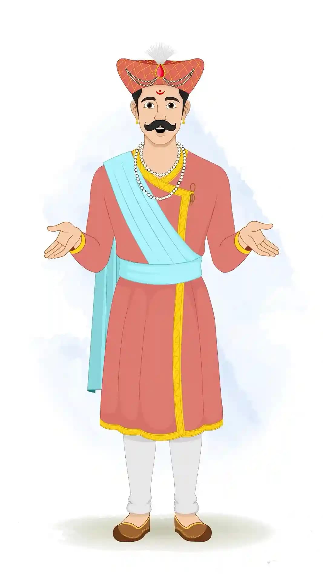 This animated cartoon character of a Hindu Marathi man is shown in a front talking pose with both hands open, wearing traditional attire, turban, and jewelry. Ideal for cultural storytelling, explainer videos, historical content, and animations AKA Rajdoot
