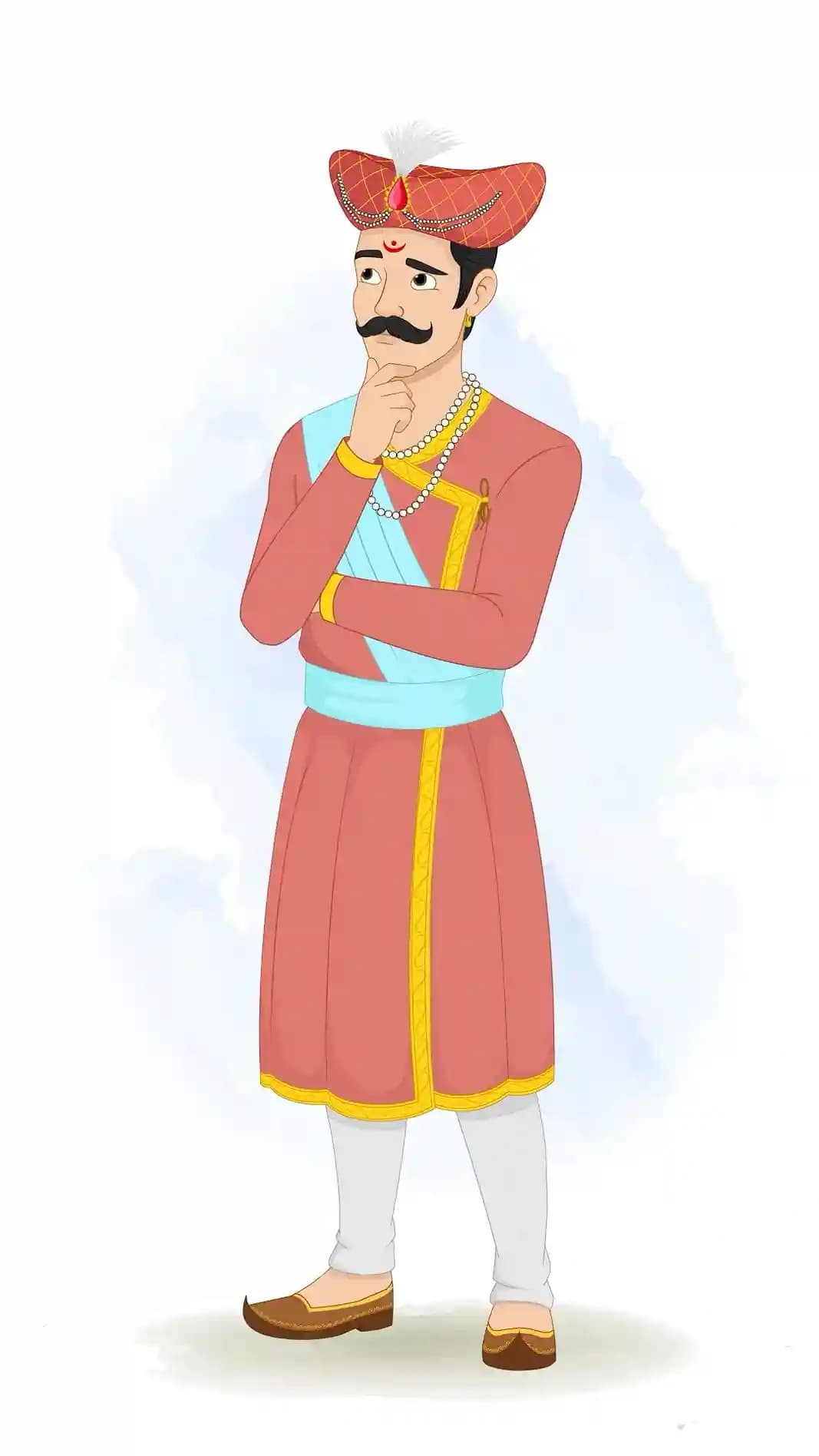 This animated cartoon character of a Hindu Marathi man is shown in a thoughtful pose with hand on chin, wearing traditional attire, turban, and jewelry. Perfect for cultural storytelling, explainer videos, historical animations, and educational projects AKA Rajdoot