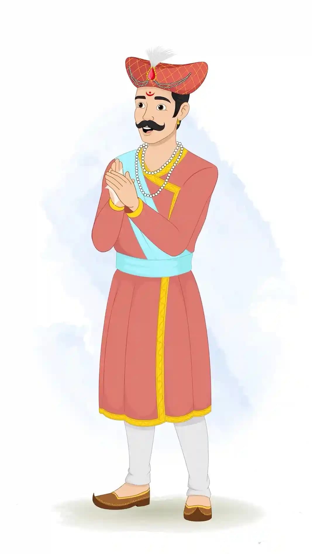 This animated cartoon character of a Hindu Marathi man is shown clapping in a one-third pose, wearing traditional attire, turban, and jewelry. Ideal for cultural storytelling, celebration scenes, explainer videos, and animations AKA Rajdoot