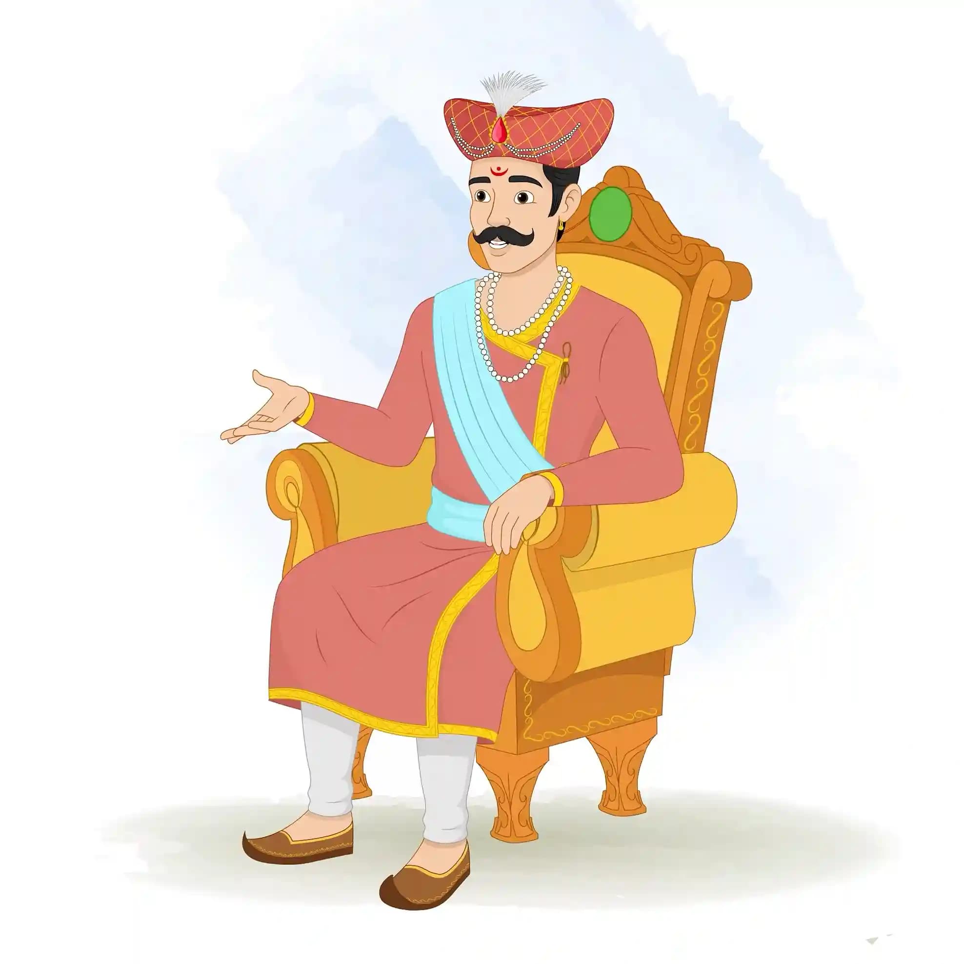 This animated cartoon character of a Hindu Marathi man is shown sitting on a royal throne, talking with a graceful gesture. Dressed in traditional attire, turban, and jewelry, he is perfect for cultural projects, storytelling, explainer videos, and animations AKA Rajdoot