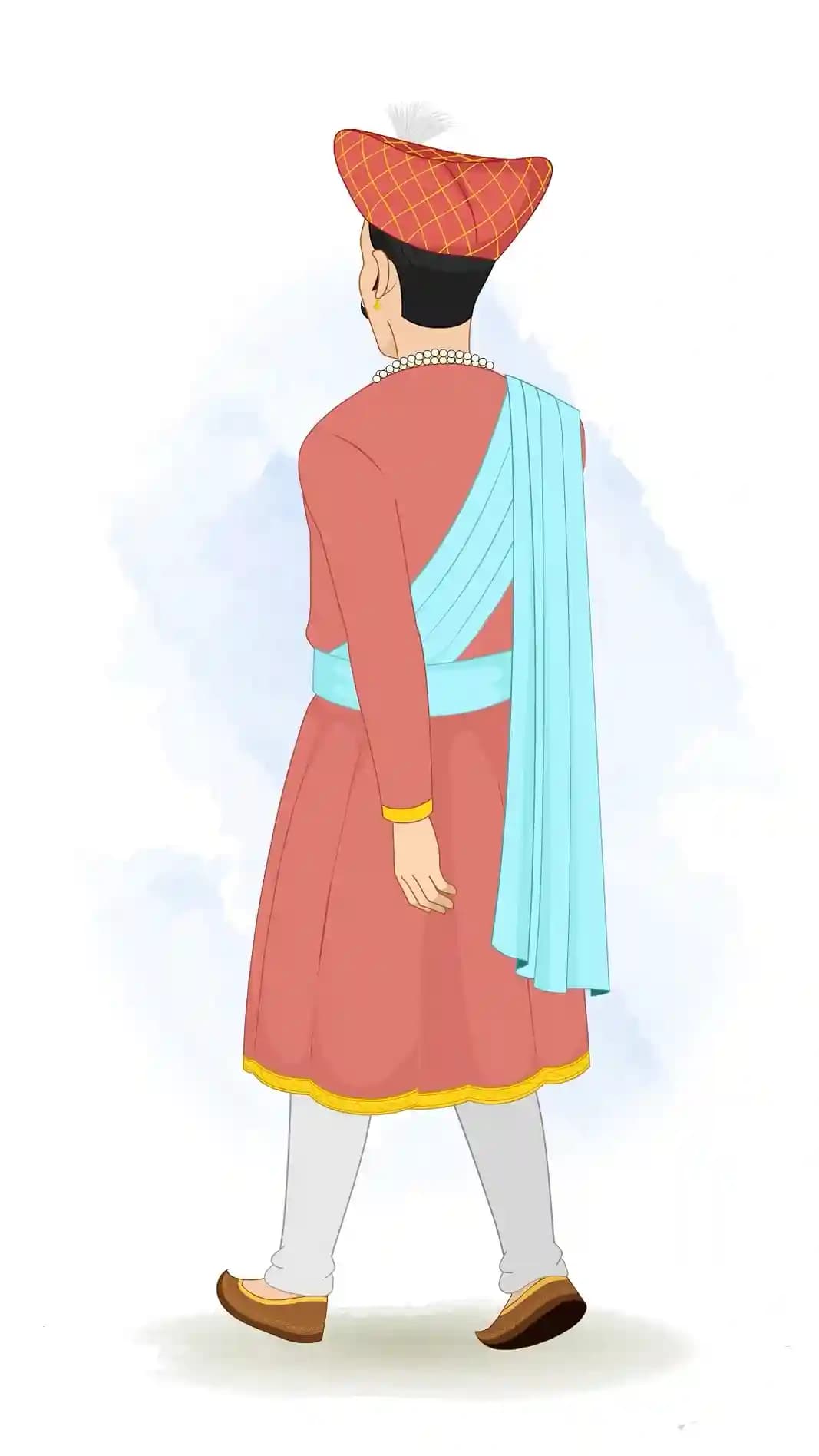 This animated cartoon of a Hindu Marathi man is shown walking in a back third view, wearing a traditional kurta, turban, pearl jewelry, and mojari footwear. Ideal for cultural storytelling, animations, heritage projects, explainer videos, and educational content AKA Rajdoot