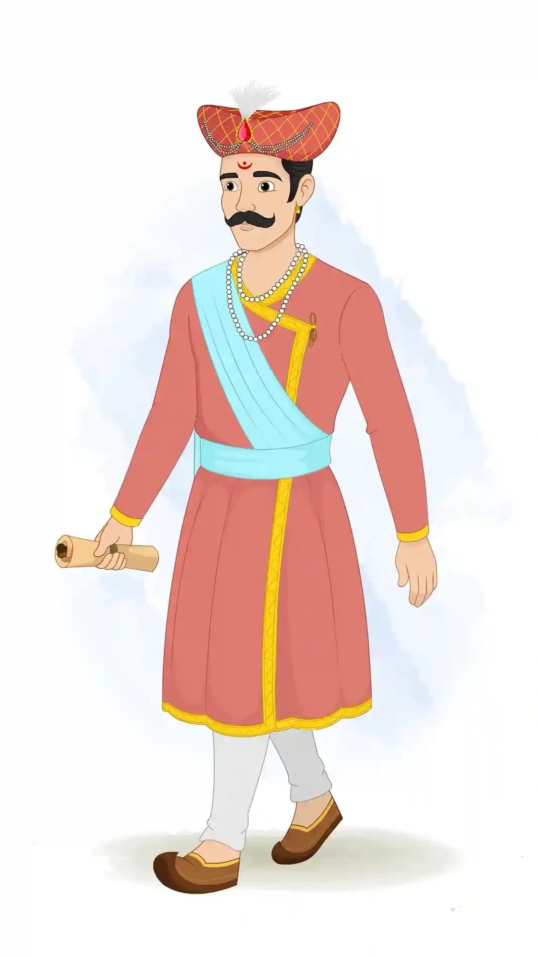 This animated cartoon of a Hindu Marathi man is shown in a one third walking pose holding a scroll in his hand, dressed in traditional attire with turban, pearl jewelry, and mojari footwear. Perfect for cultural storytelling, animations, heritage projects, explainer videos, and historical content AKA Rajdoot