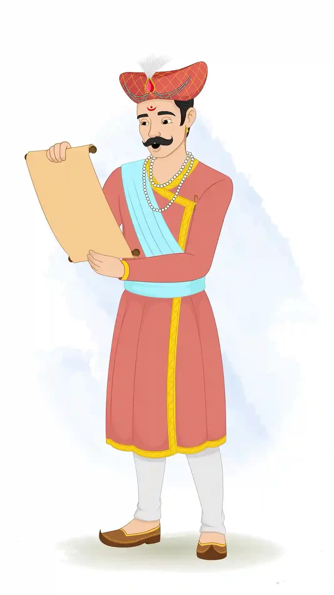 This animated cartoon of a Hindu Marathi man is shown holding and opening a scroll in a front standing pose, dressed in royal traditional attire with turban, pearl jewelry, and mojari footwear. Ideal for cultural storytelling, historical content, explainer videos, and heritage animations AKA Rajdoot