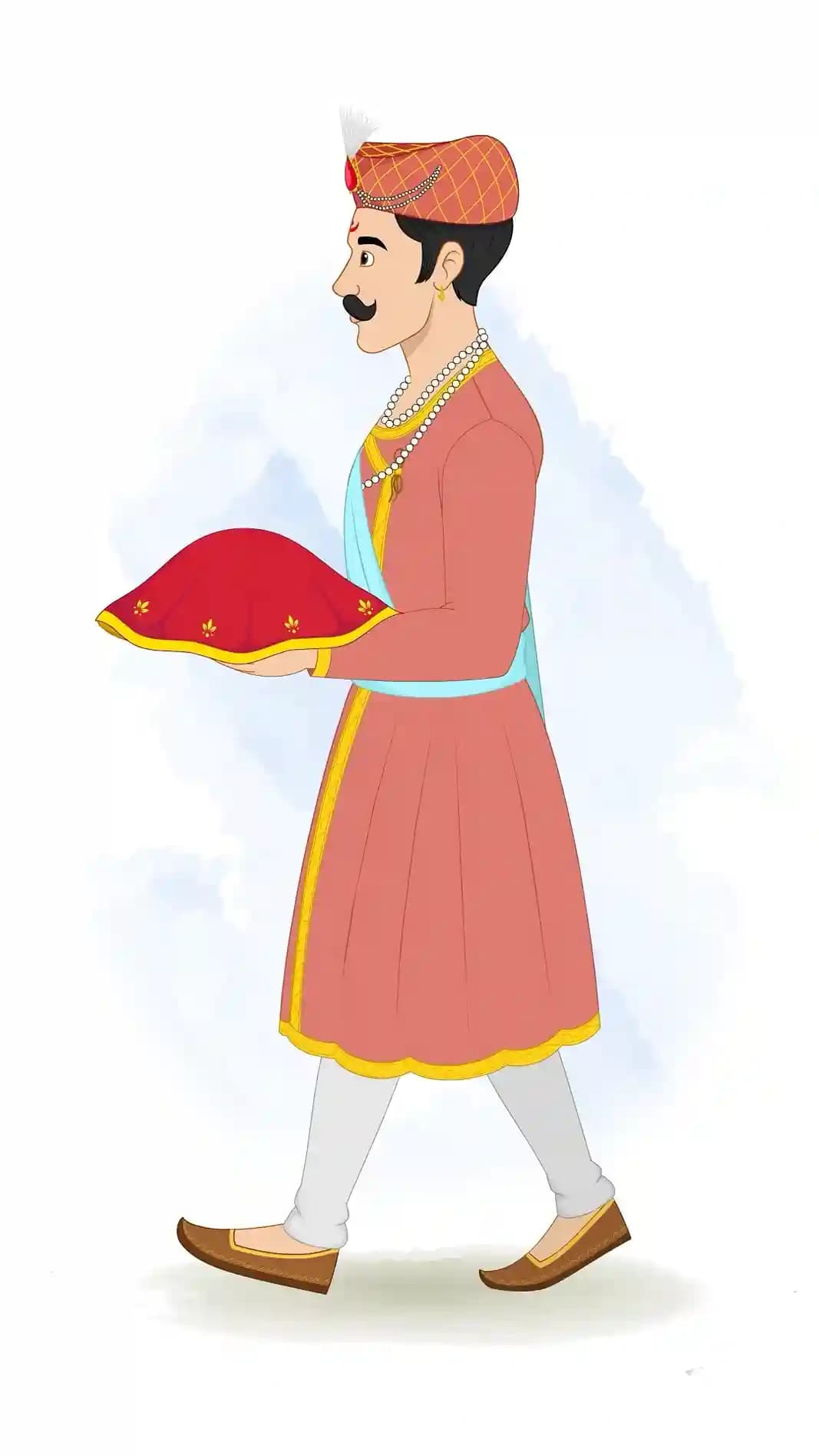 This animated cartoon of a Hindu Marathi man is shown walking with a big red covered plate filled with gifts, wearing royal attire, turban, pearls, and mojari shoes. Perfect for cultural storytelling, heritage scenes, historical animations, festivals, and explainer videos AKA Rajdoot