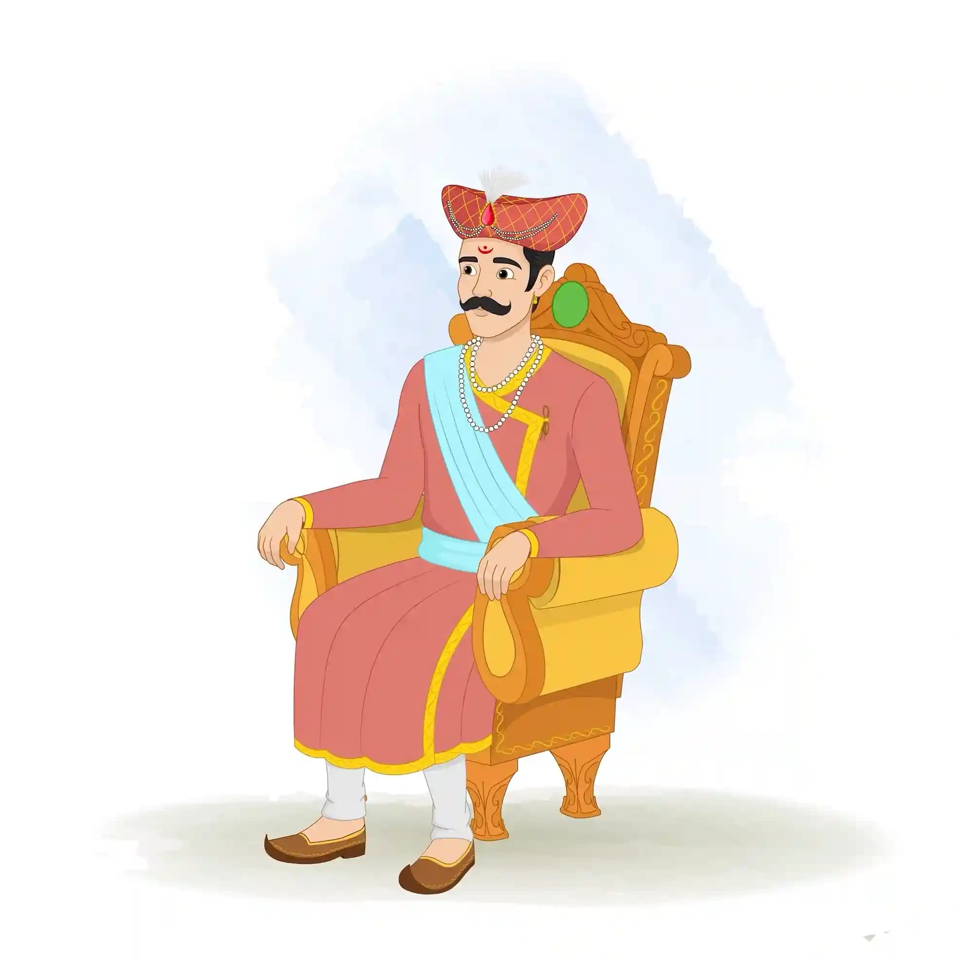 This animated cartoon of a Hindu Marathi man is shown seated on a traditional throne chair, wearing royal attire, turban, pearls, and mojari shoes. Ideal for cultural storytelling, historical animations, heritage scenes, explainer videos, and festival artwork AKA Rajdoot