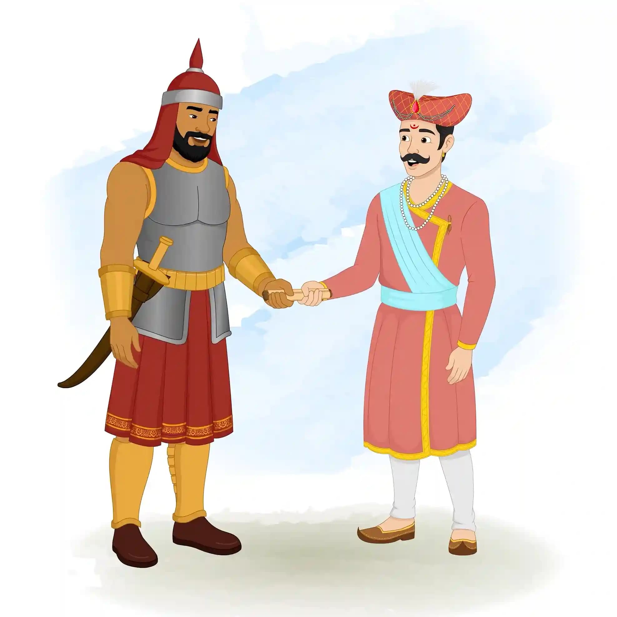 This animated cartoon shows a Hindu Marathi man in royal attire giving a scroll to a warrior guard. Perfect for cultural storytelling, historic scenes, animations, explainer videos, and heritage projects AKA Rajdoot
