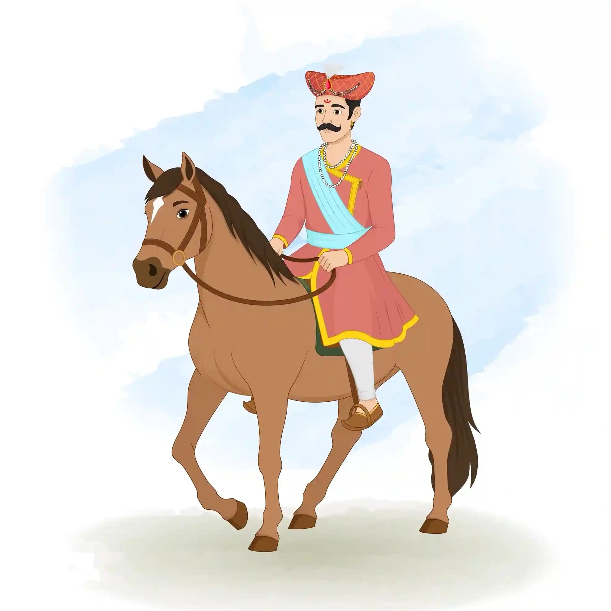 This animated cartoon features a Hindu Marathi man in traditional royal attire riding a brown horse. Ideal for cultural storytelling, history-based animations, explainer videos, and heritage projects AKA Rajdoot