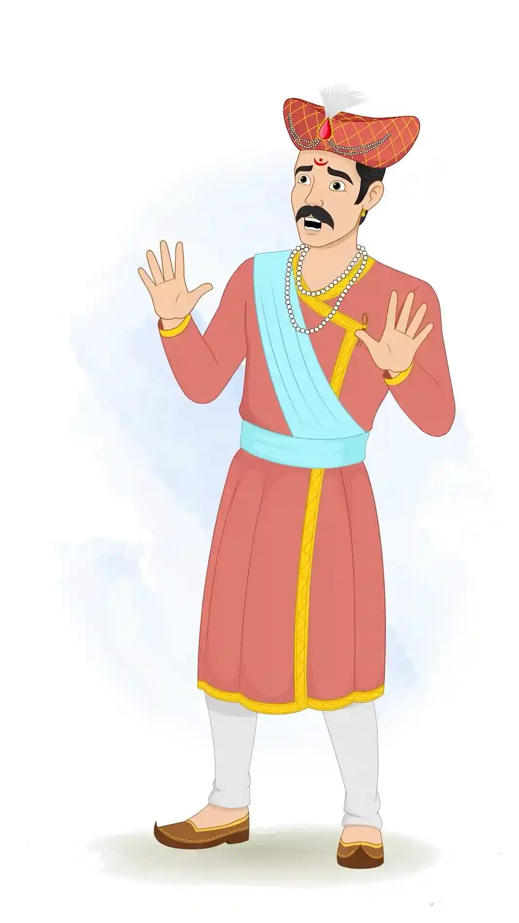 This animated vector shows a Hindu Marathi man in traditional attire with a frightened expression, hands raised in shock. Perfect for cultural animations, storytelling, historical projects, and explainer videos AKA Rajdoot