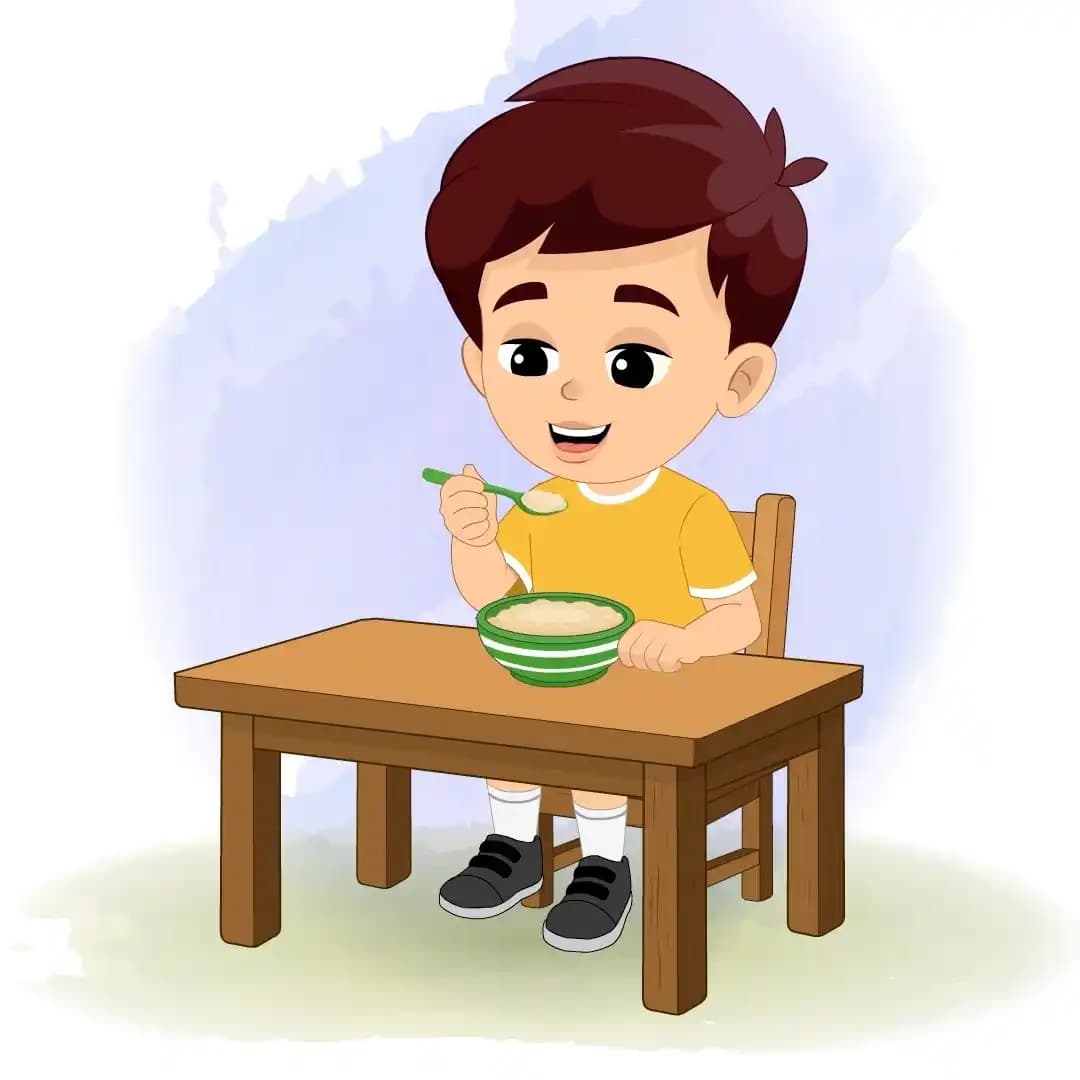 Cute Little Boy Eating Food at Table Animated Vector Cartoon Character AKA Avi