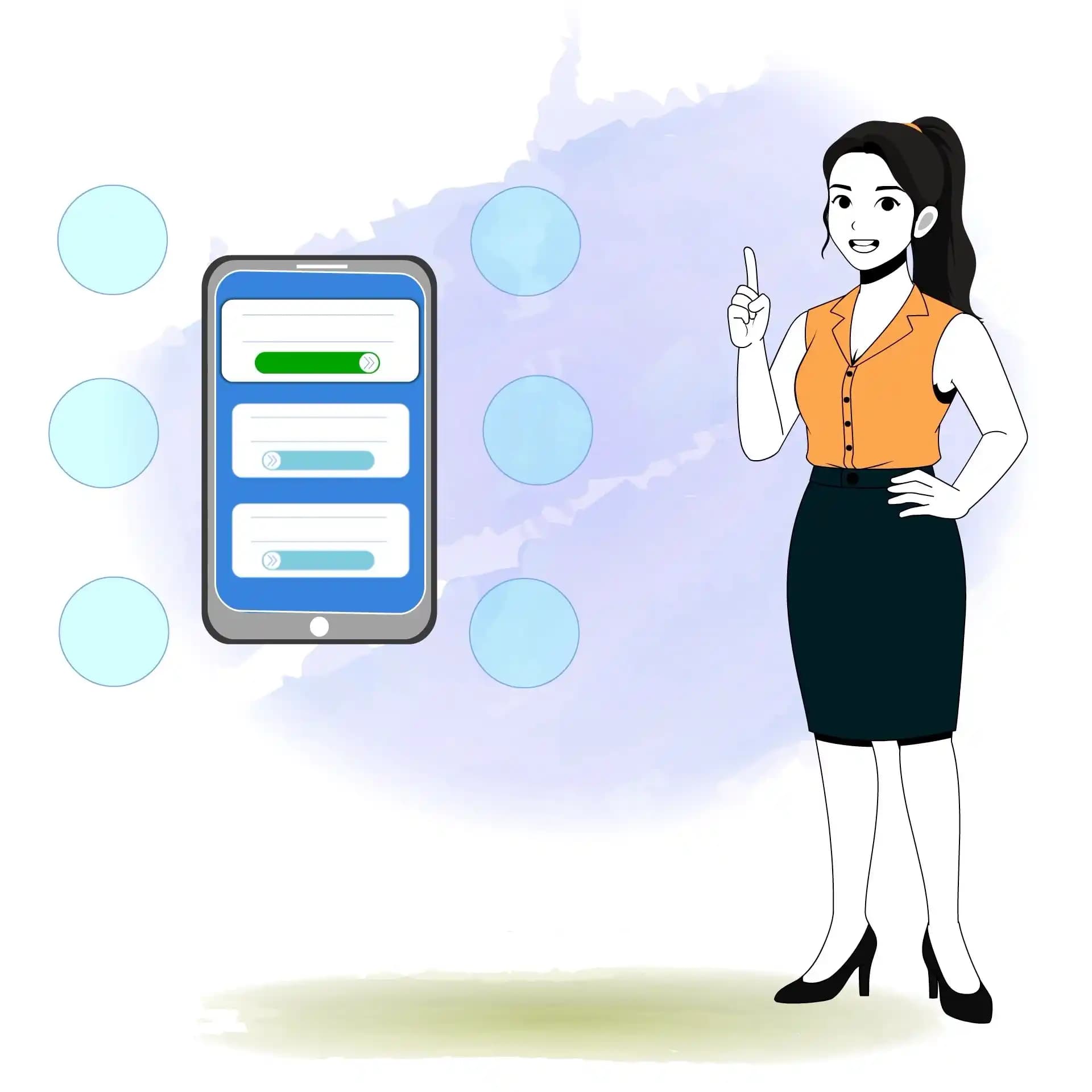Businesswoman Explainer Character with Mobile App UI One Third Talking Animated Vector Cartoon Character AKA Hena