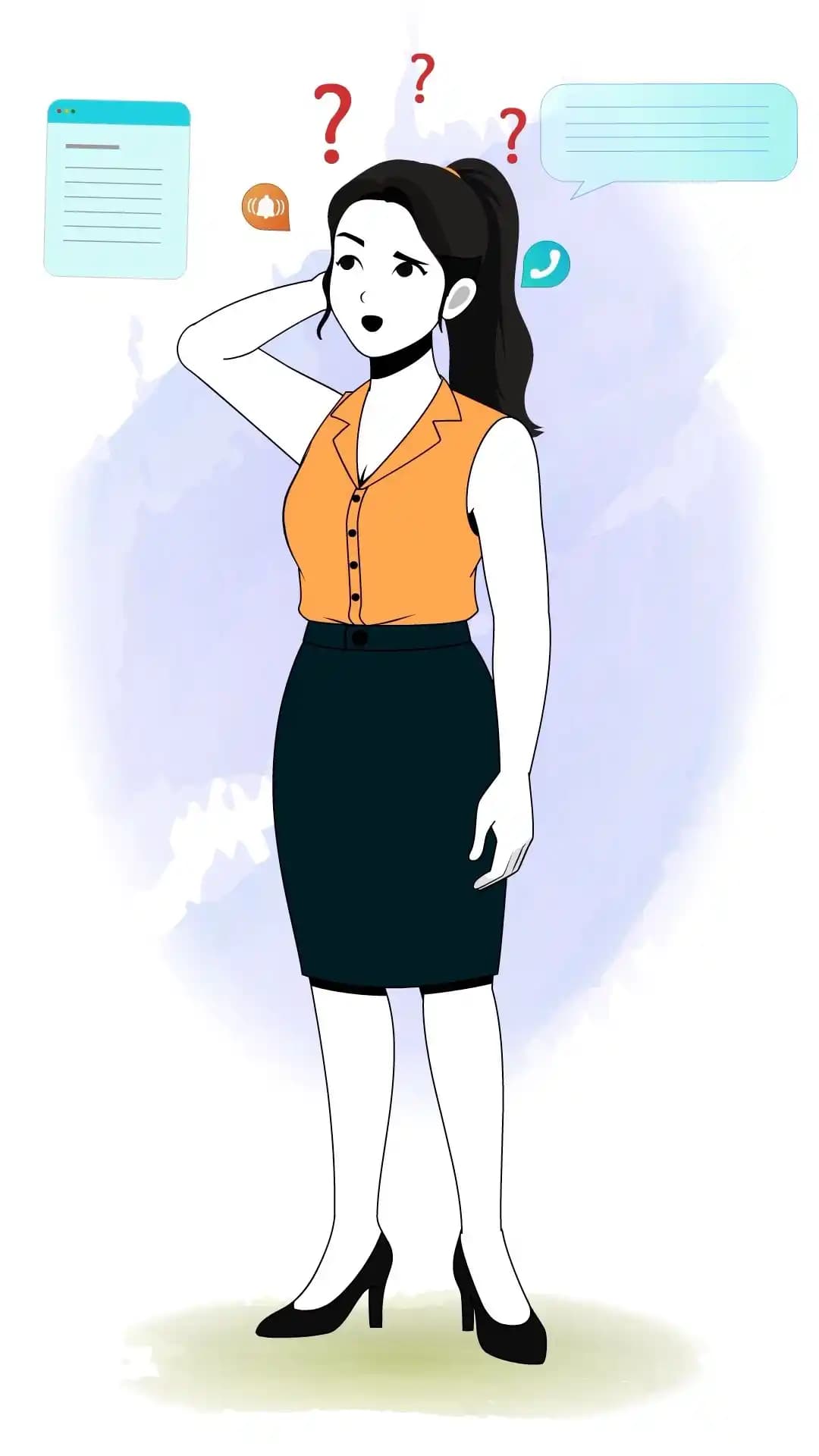 Confused Businesswoman One Third Animated Vector Cartoon Character with Question Marks AKA Hena