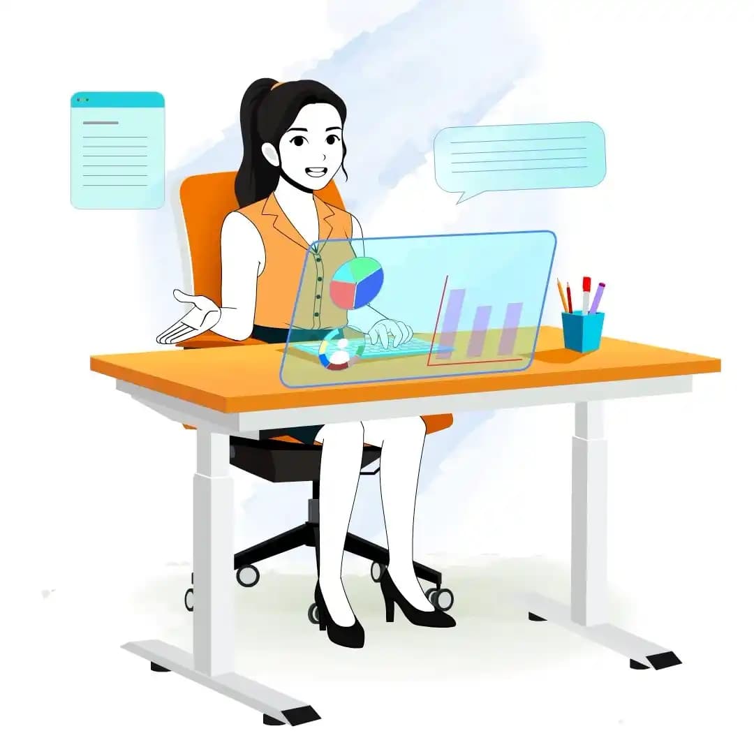 Female Office Character Sitting and Talking at Desk with Charts Animated Vector Cartoon Character AKA Hena