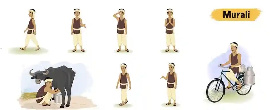 Indian villager animated vector cartoon character model sheet AKA Murali