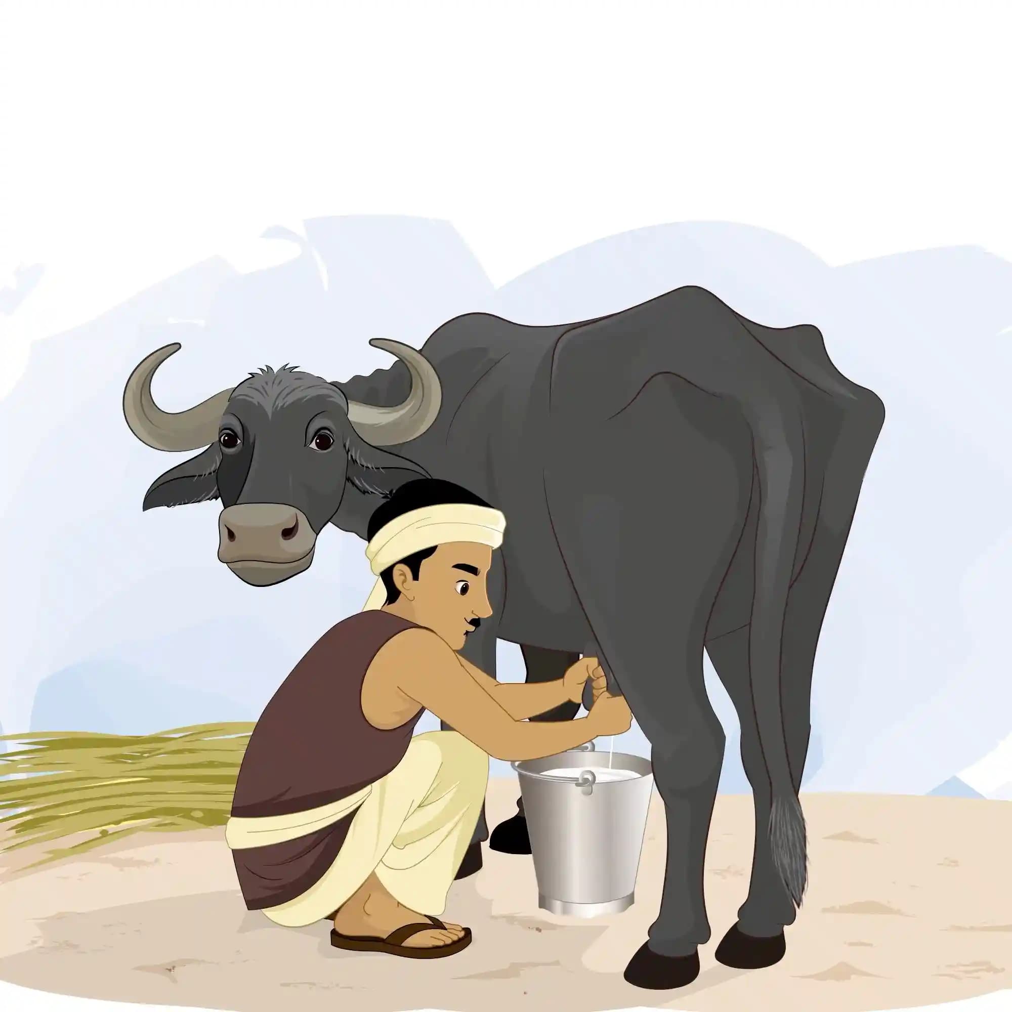 Indian Villager Milking Buffalo Rural Lifestyle Animation Vector Cartoon Character AKA Murali