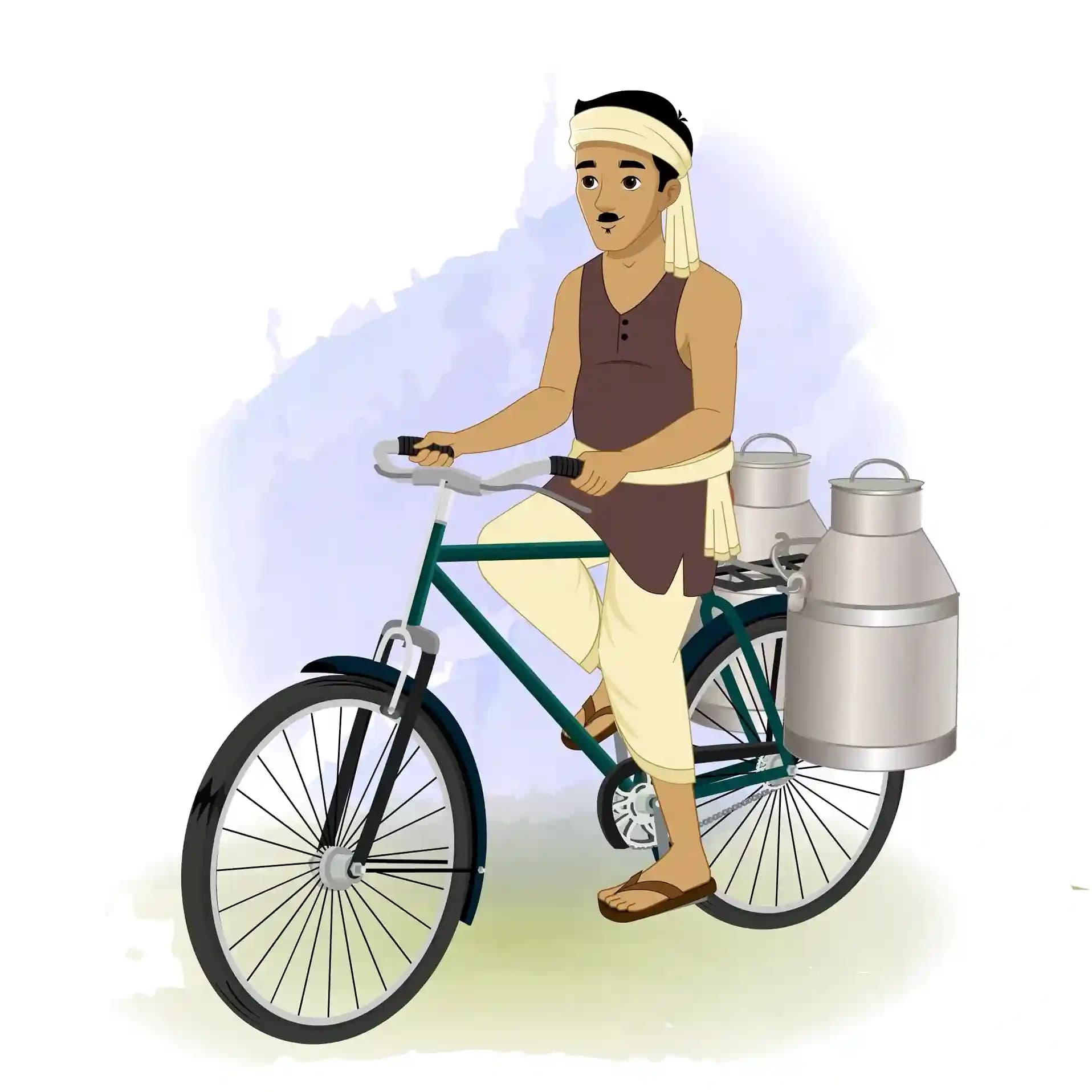 Indian Villager Riding Bicycle with Milk Cans Rural Lifestyle Animated Vector Cartoon Character AKA Murali