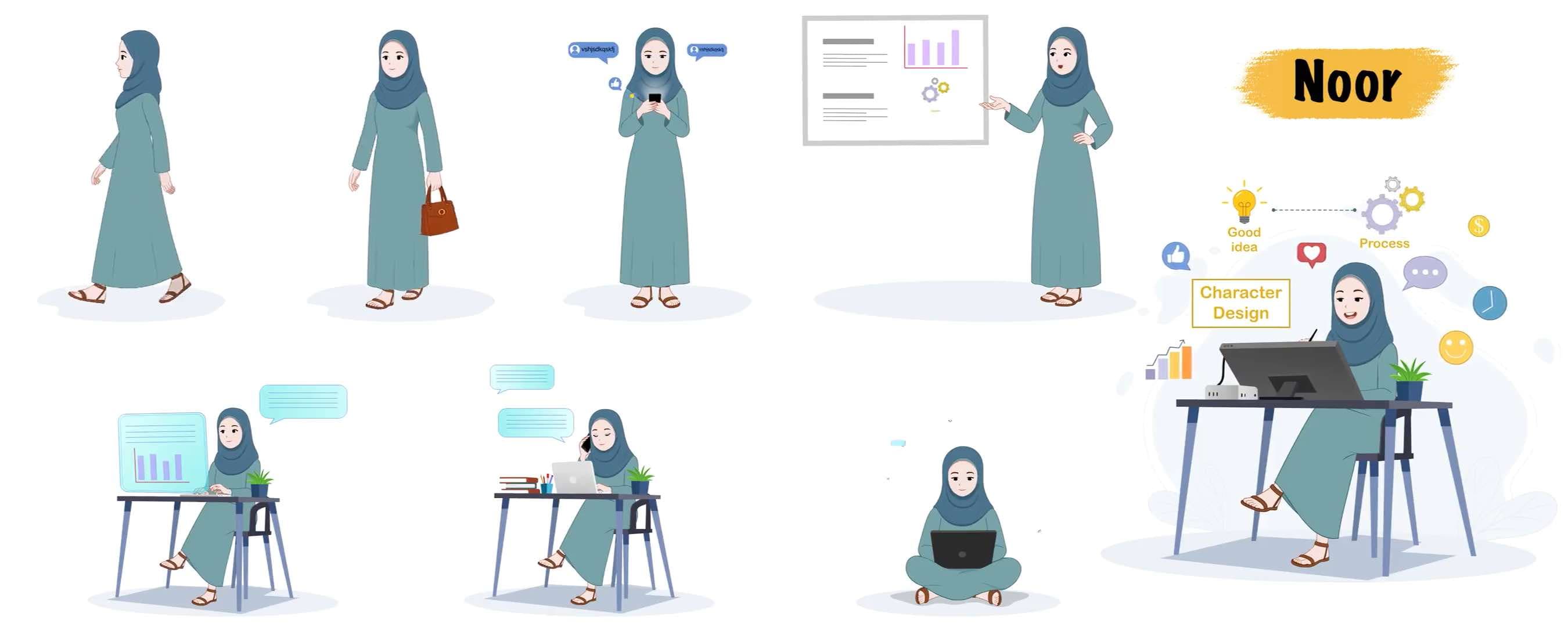 Arabic Urban woman animated cartoon character model sheet