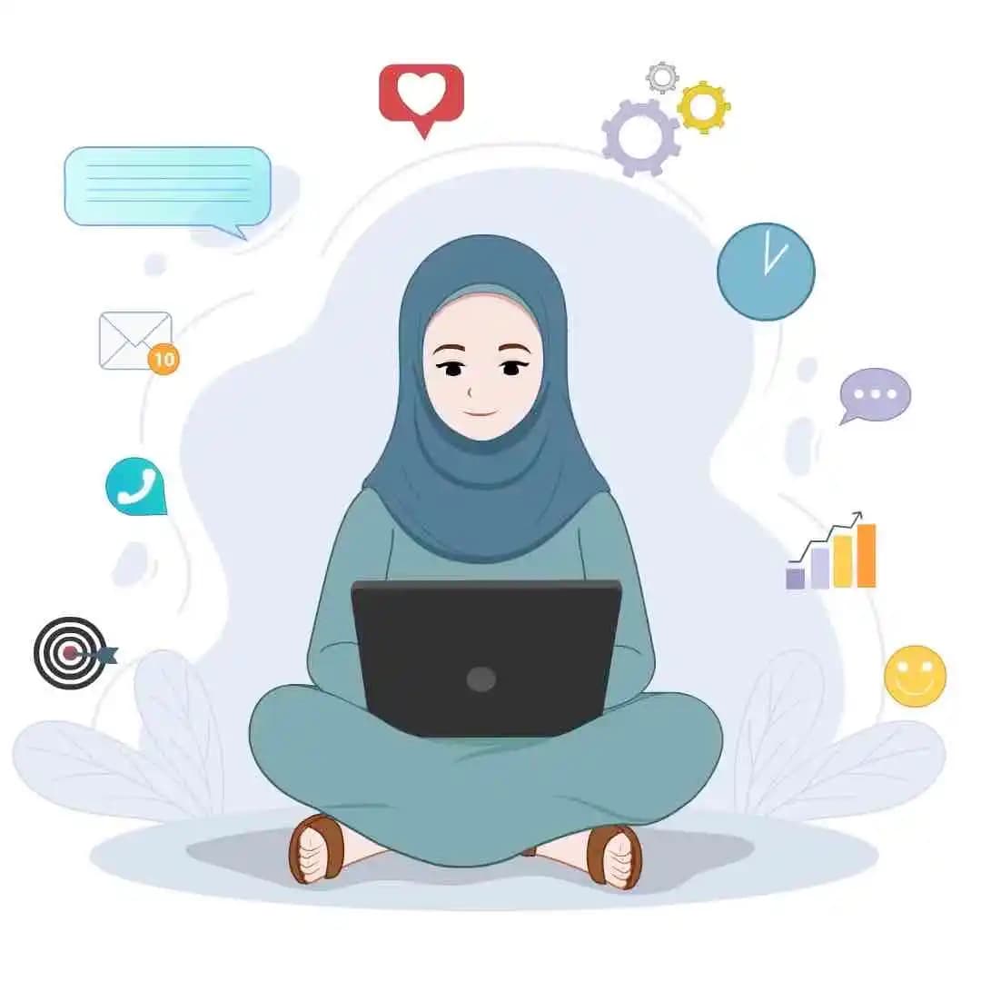 An Arabic Urban cartoon woman working while sitting on floor animated vector character AKA Noor