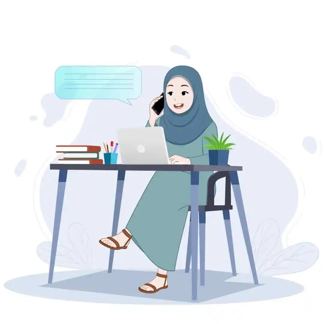 An Arabic Urban cartoon woman talking on phone while working animated vector character AKA Noor