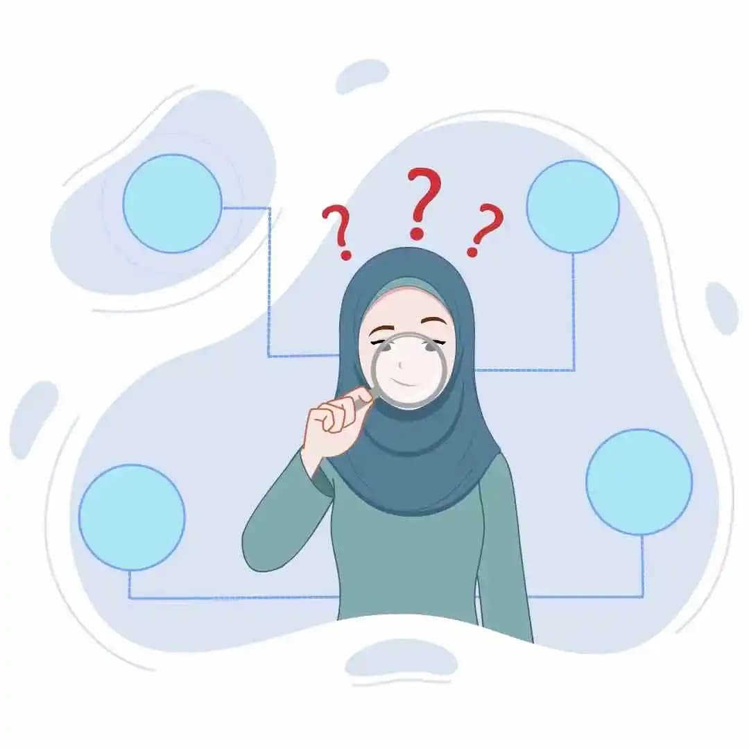 An Arabic Urban cartoon woman using magnifying glass animated vector character AKA Noor