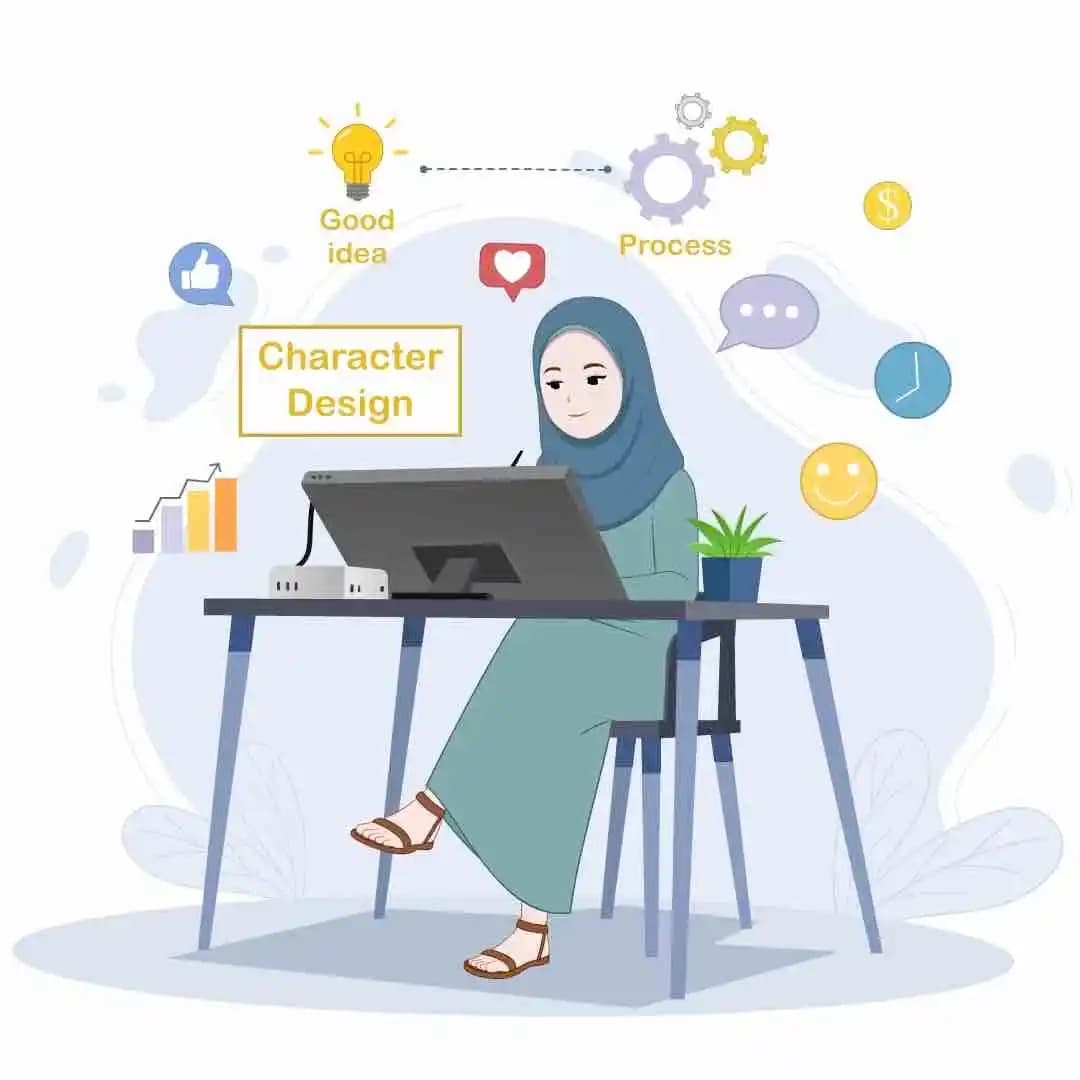 An Arabic Urban cartoon woman working on cintique animated vector character AKA Noor