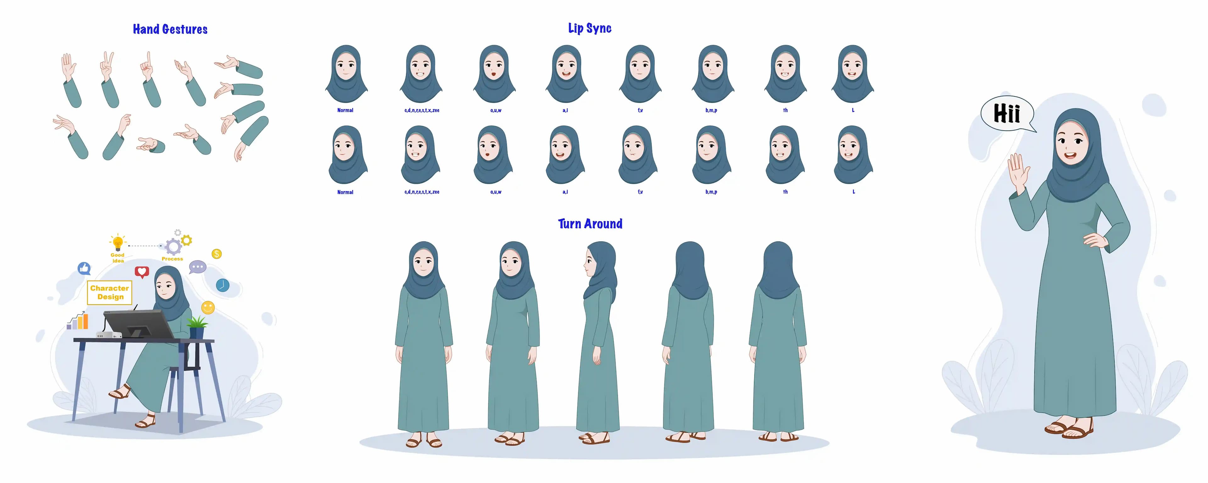 An Arabic Urban cartoon woman model sheet with turnaround poses, lip Sync & gestures character construction set for animation AKA Noor