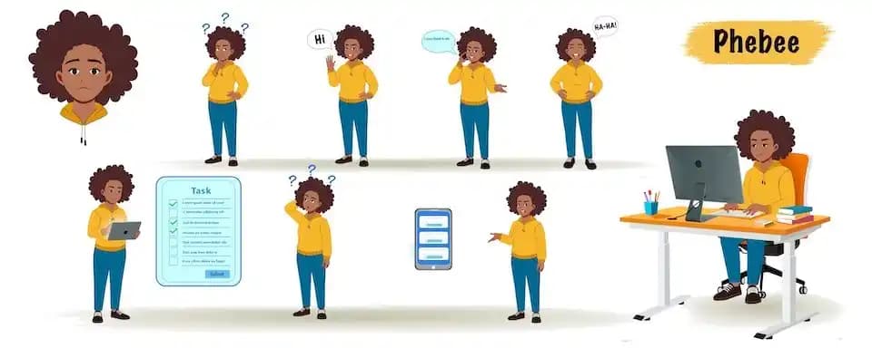 African american business character animated vector cartoon character model sheet AKA Phebee