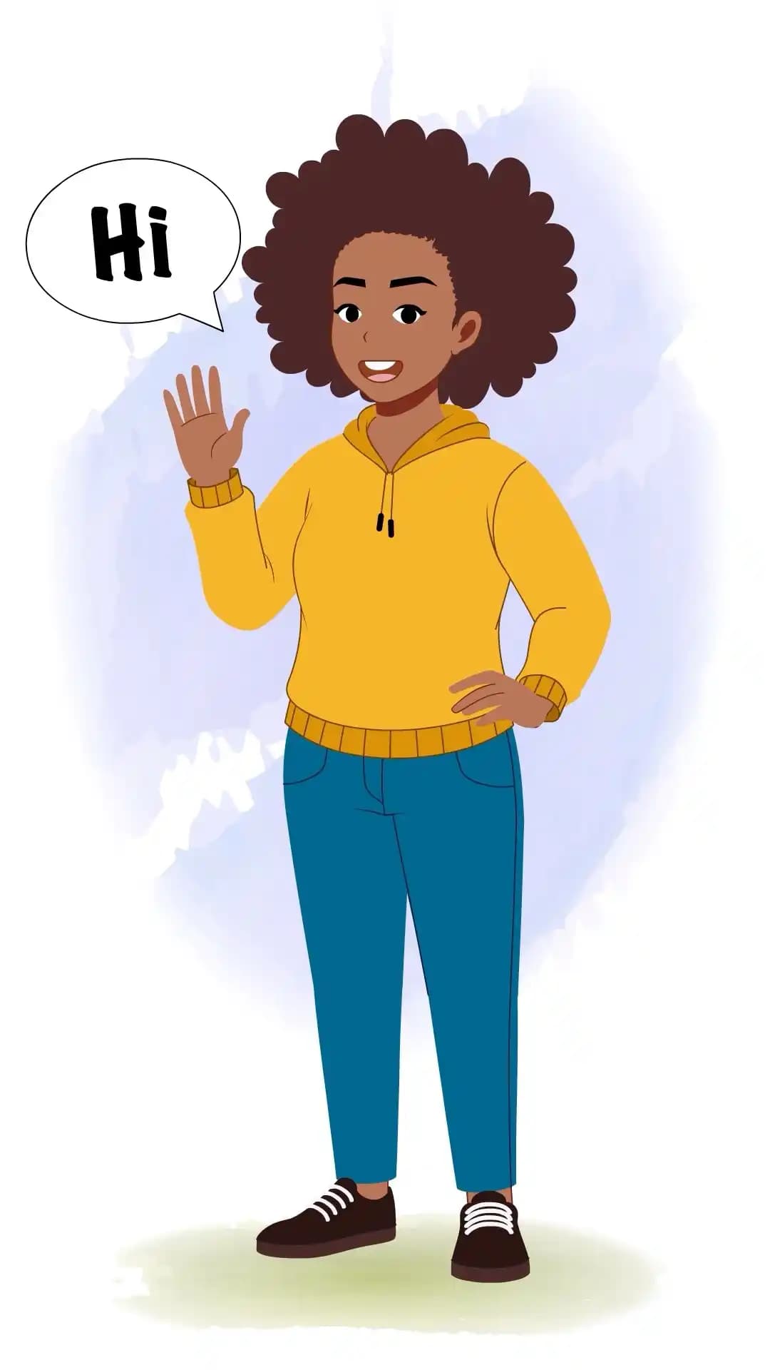 African girl waving hand and saying hi animated vector cartoon character AKA phebee