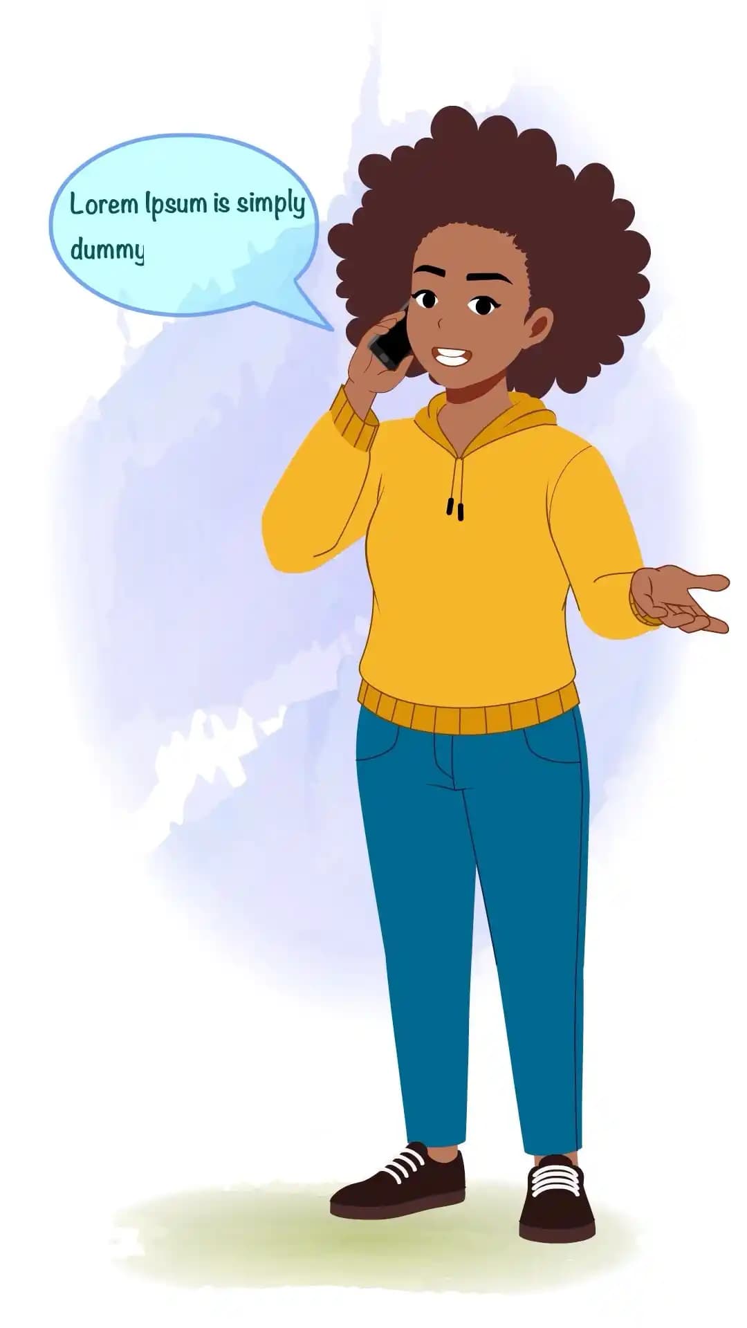 African girl talking on phone with speech bubble animated vector cartoon character AKA Phebee