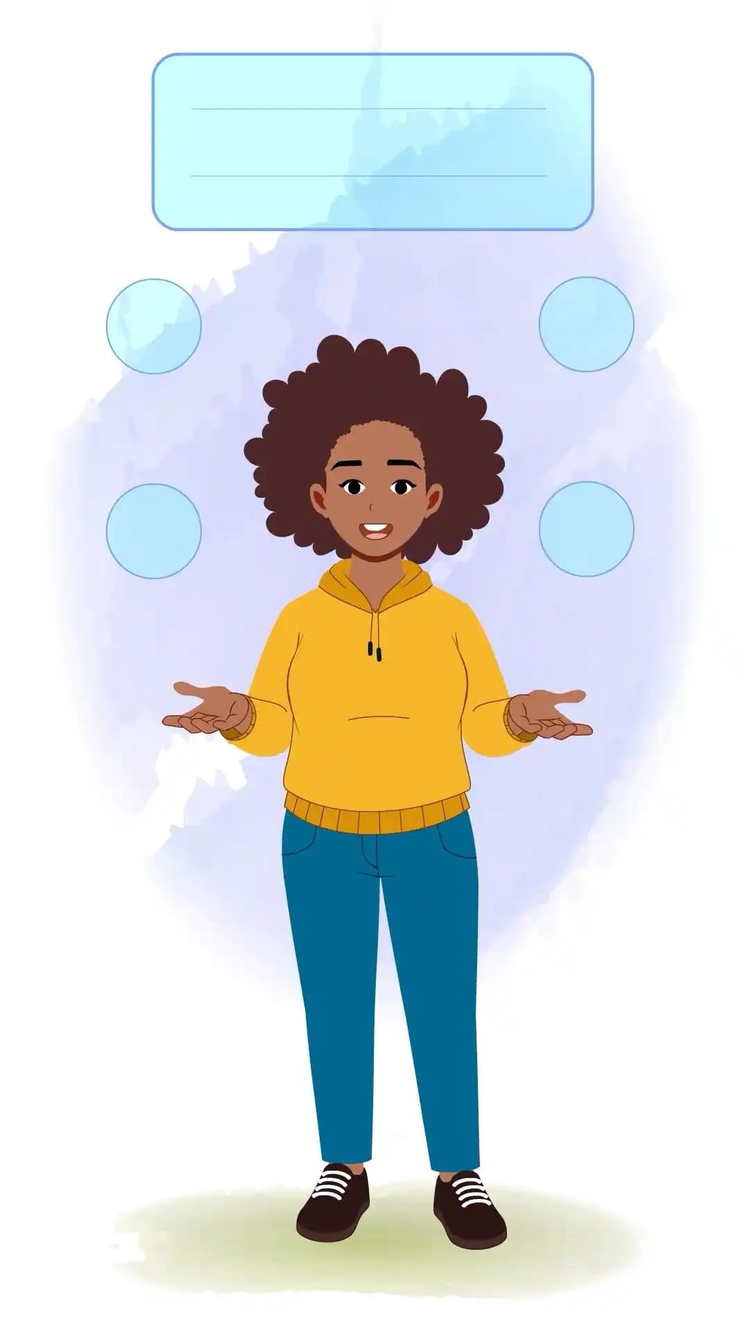 African girl front view talking with hand gestures animated vector cartoon character AKA Phebee