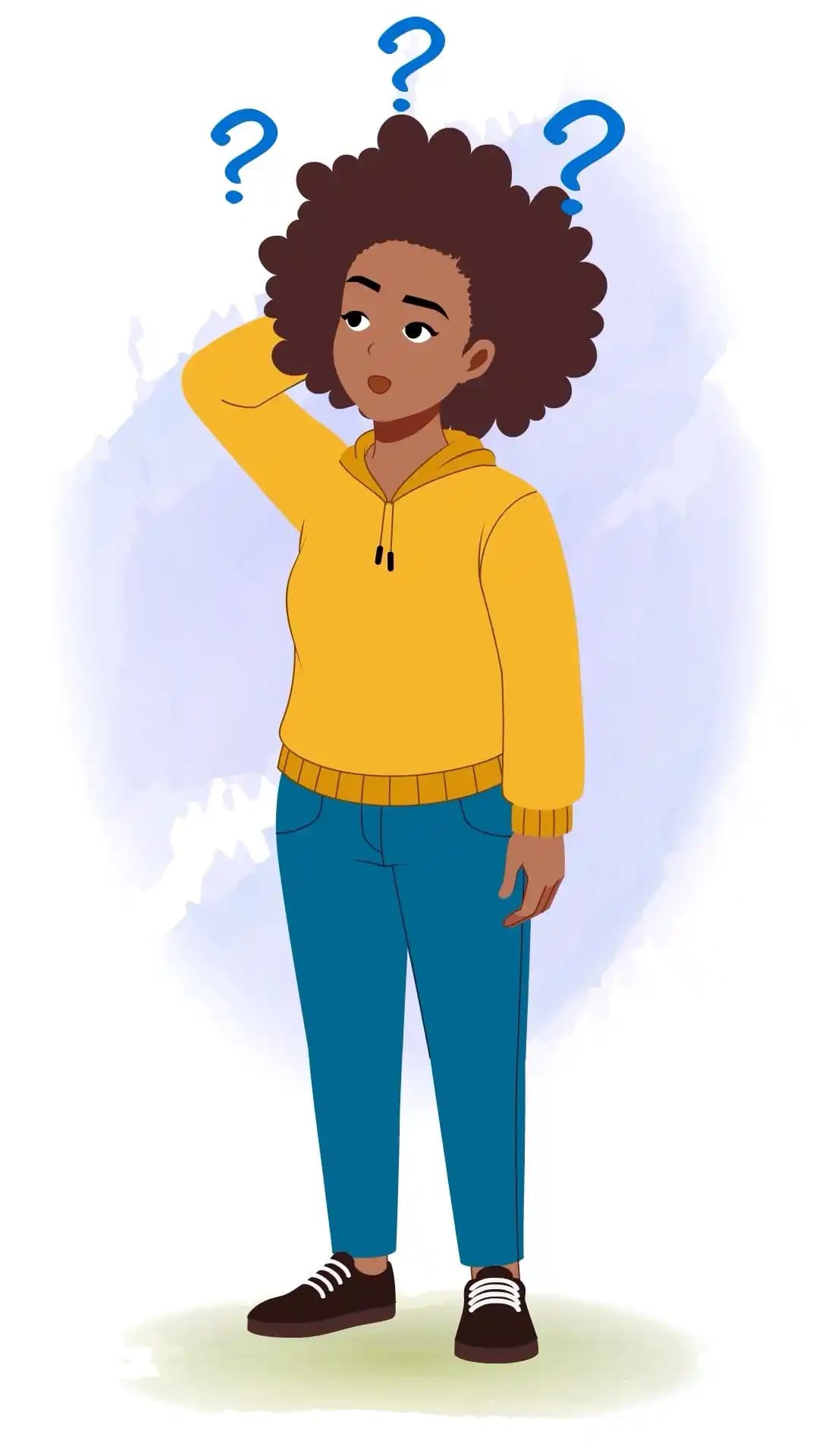 African confused girl with question marks animated vector cartoon character AKA Phebee