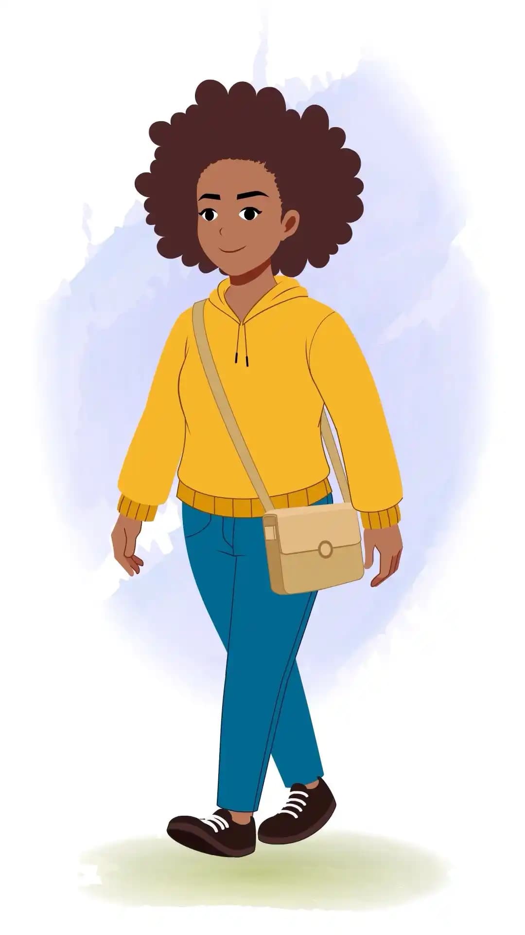 African girl walking with shoulder bag animated vector cartoon character AKA Phebee