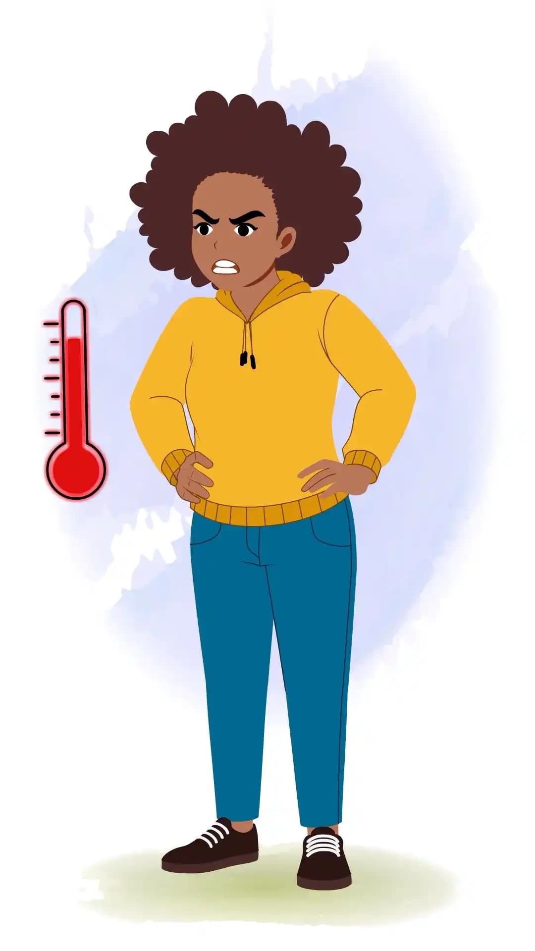 African girl angry pose with high temperature icon animated vector cartoon character AKA Phebee