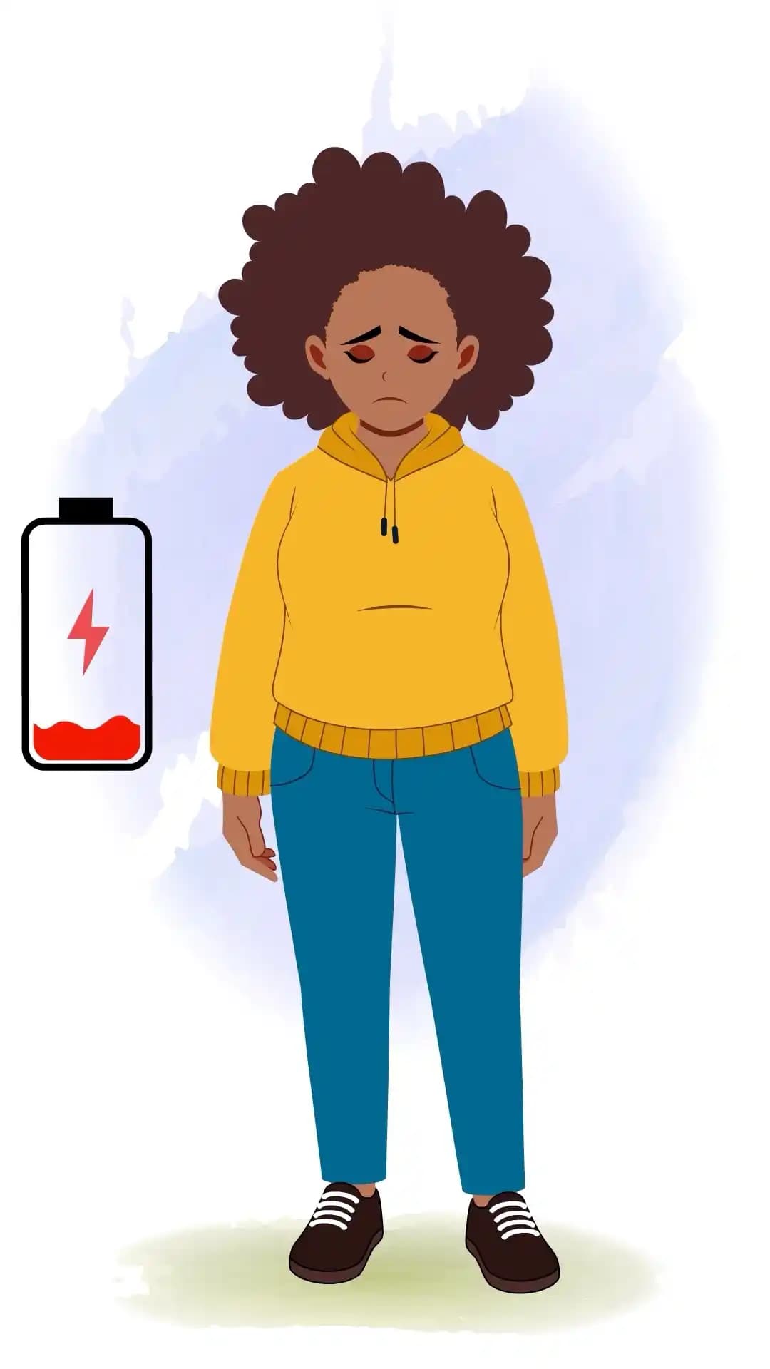 African girl sad pose with low battery icon animated vector cartoon character AKA Phebee