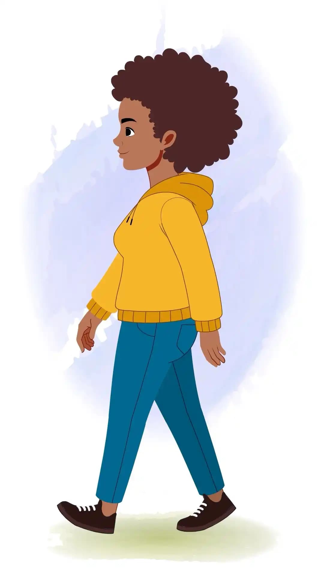 African girl side view walking pose in casual outfit animated vector cartoon character aka phebee