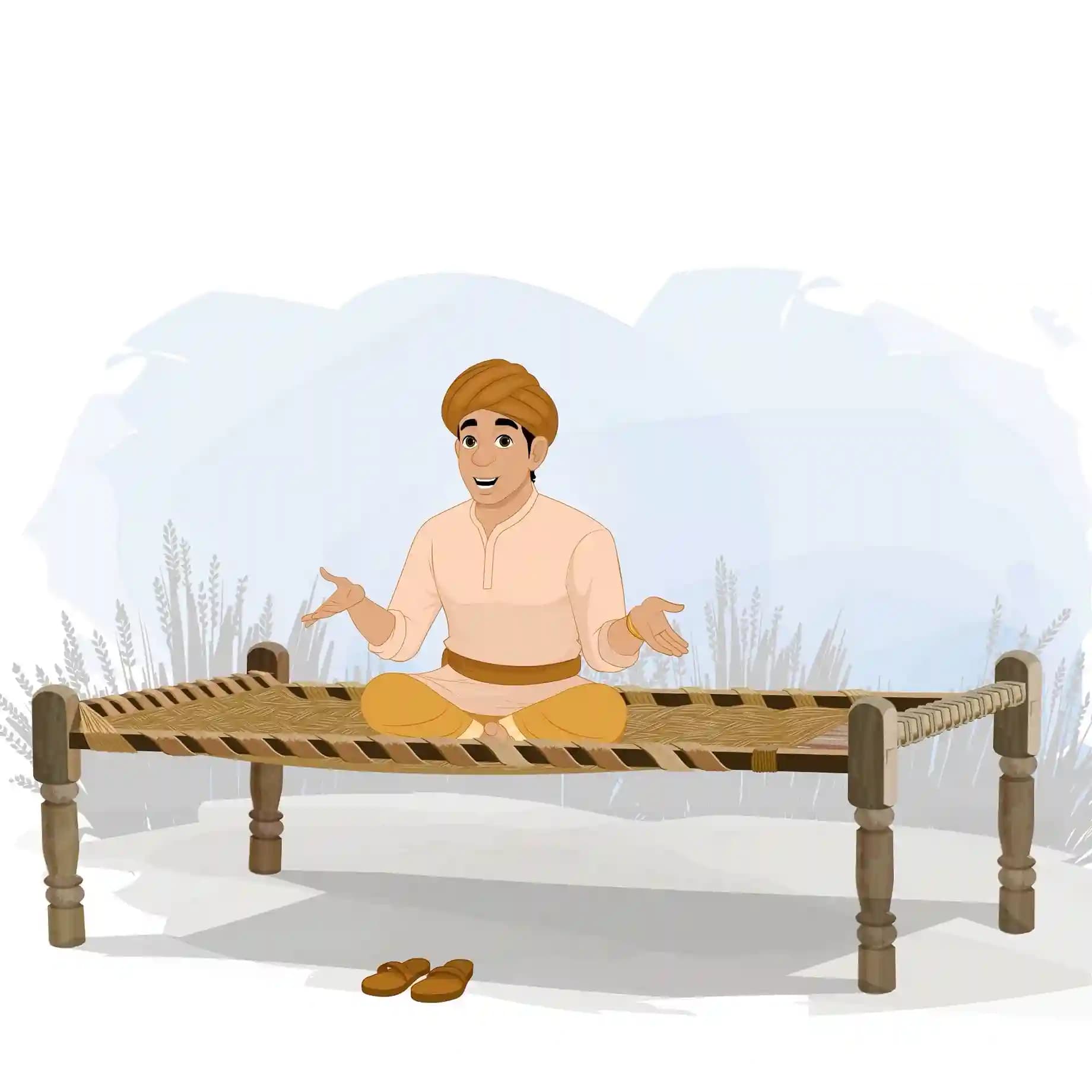 Indian Village Man Sitting on Charpai Talking Animated Vector Cartoon Character AKA Ramu
