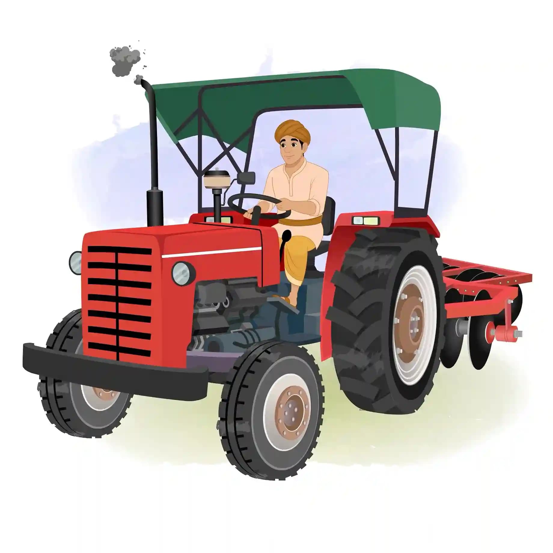 Indian Farmer Driving Red Tractor with Harrow Animated Vector Cartoon Character AKA Ramu