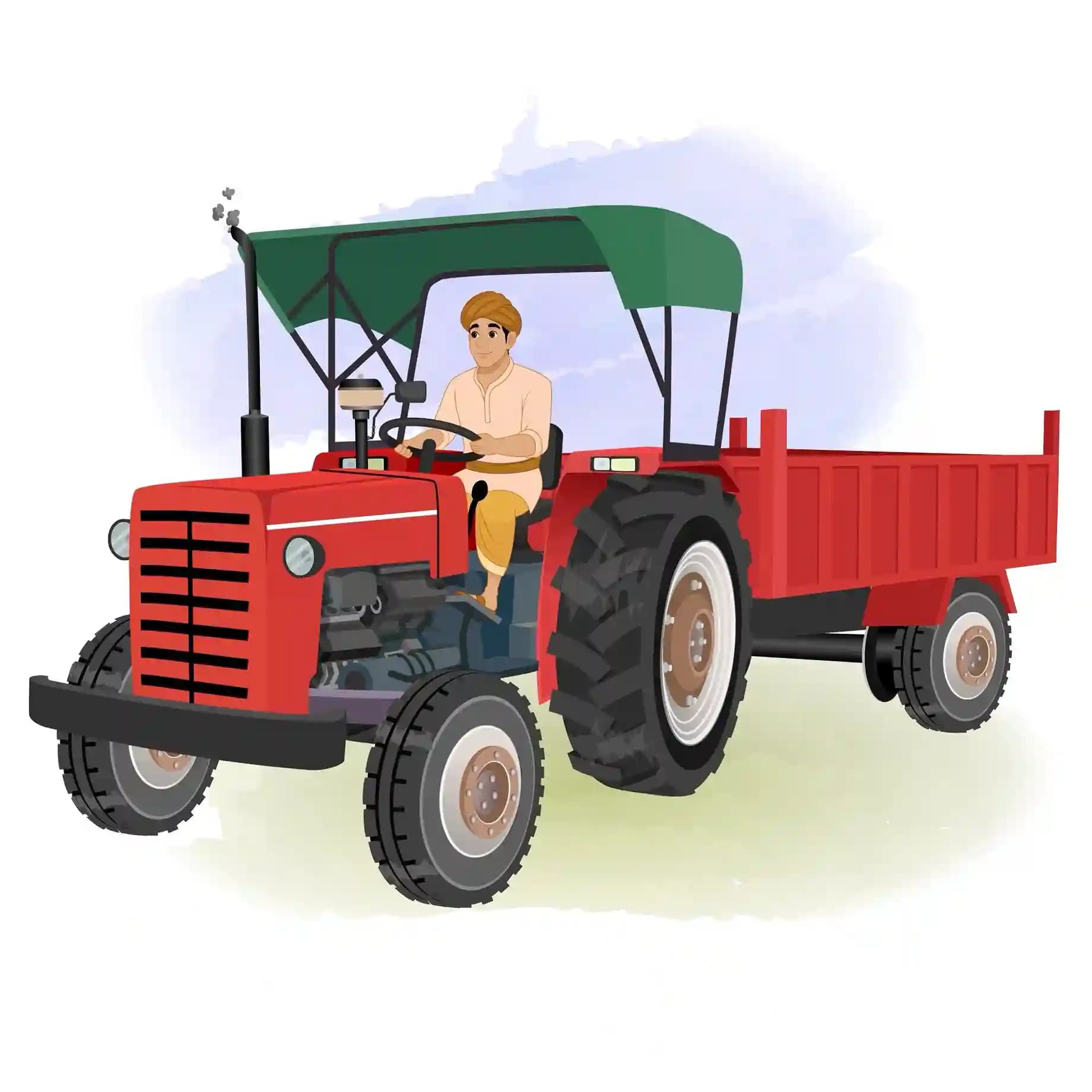 Indian Farmer Driving Red Tractor with Trolley Animated Vector Cartoon Character AKA Ramu