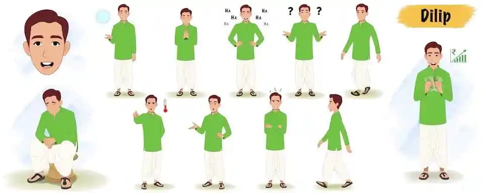 Village zamindar animated vector cartoon character model sheet AKA Dilip