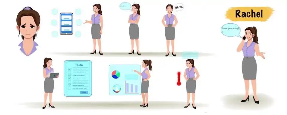 Female office character animated vector cartoon character Model Sheet AKA Rachel