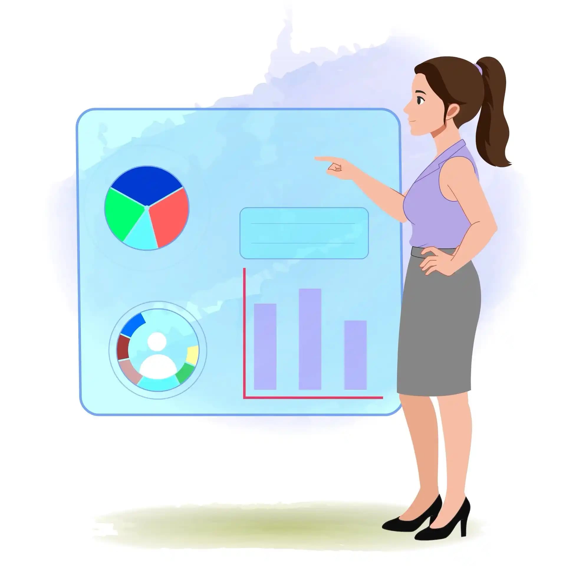 Businesswoman Giving Presentation Female Office Animated Vector Cartoon Character with Charts AKA Rachel