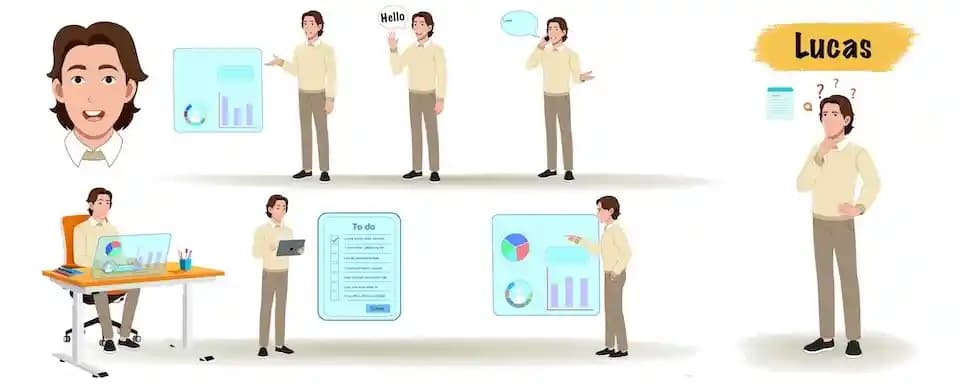 Animated Businessman in casual clothes model sheet vector cartoon character AKA Lucas