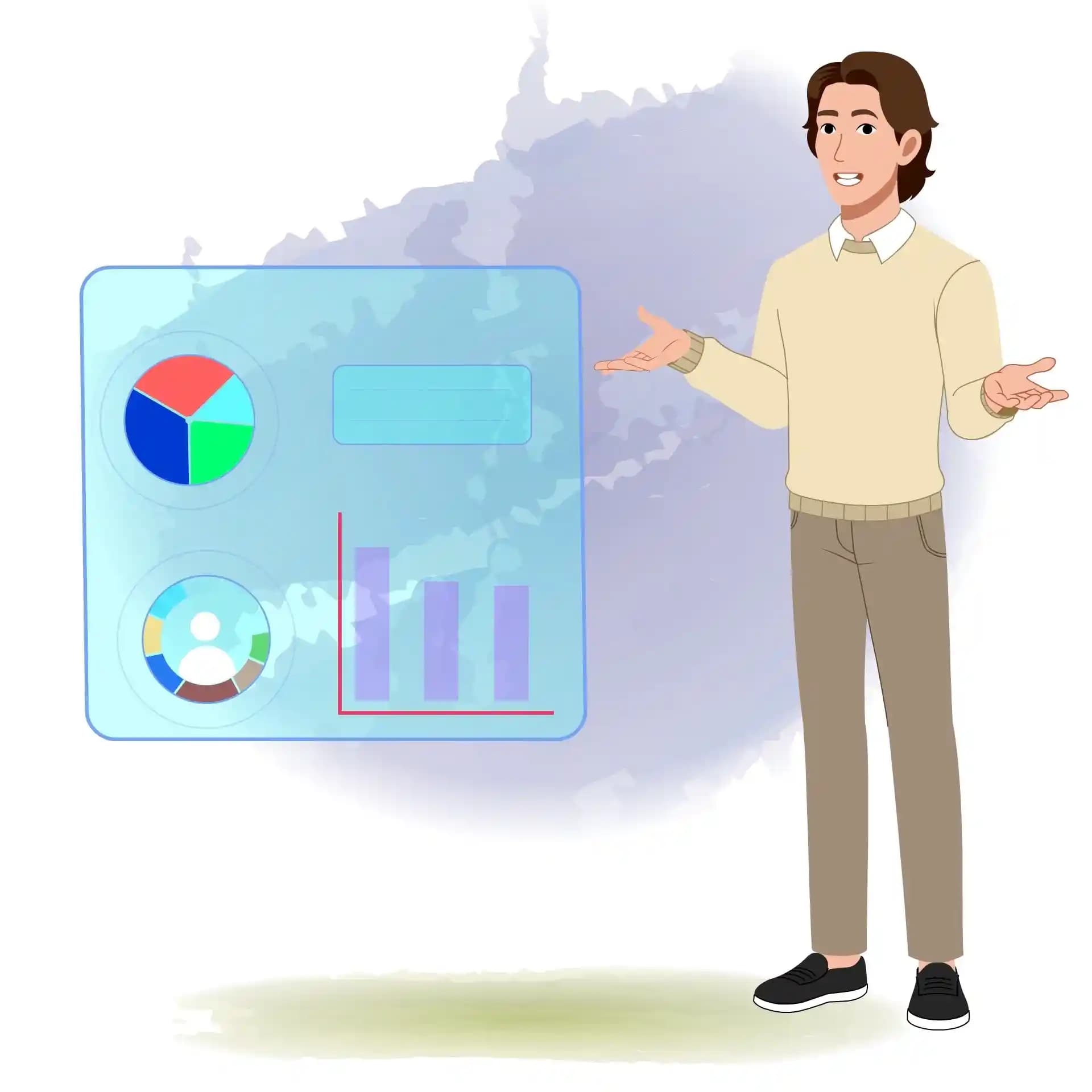 Animated Businessman Character Presentation Pose Data Charts & Talking Gesture Vector Cartoon Character AKA Lucas